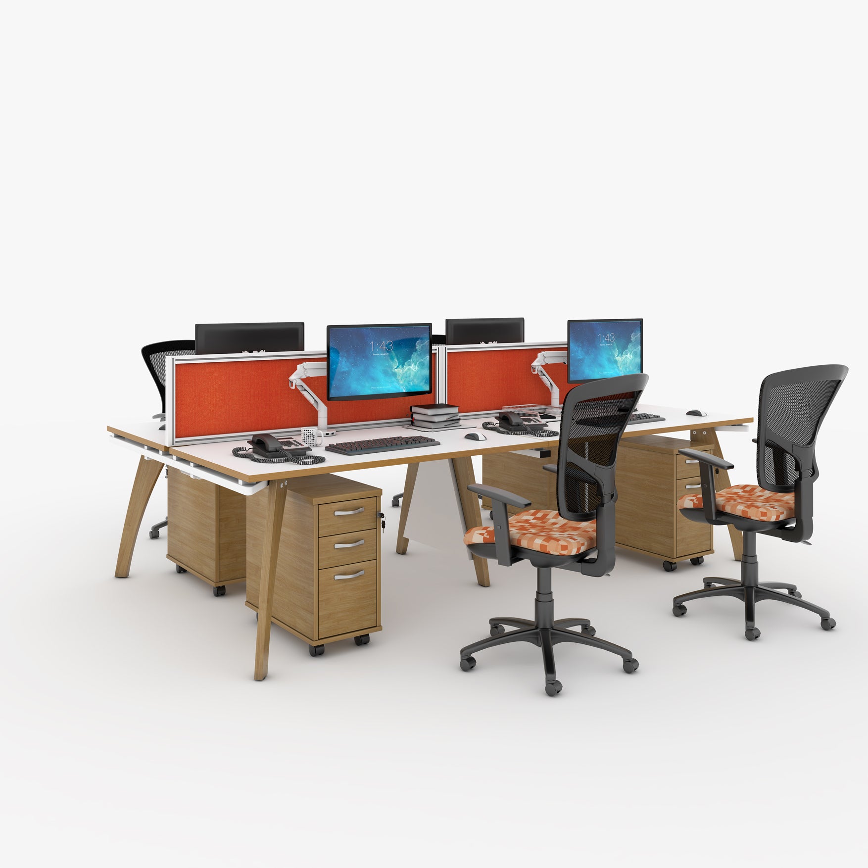 Modern office setup with desks, chairs, and computer monitors on a white background