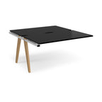 Wooden desk with black top on a white background
