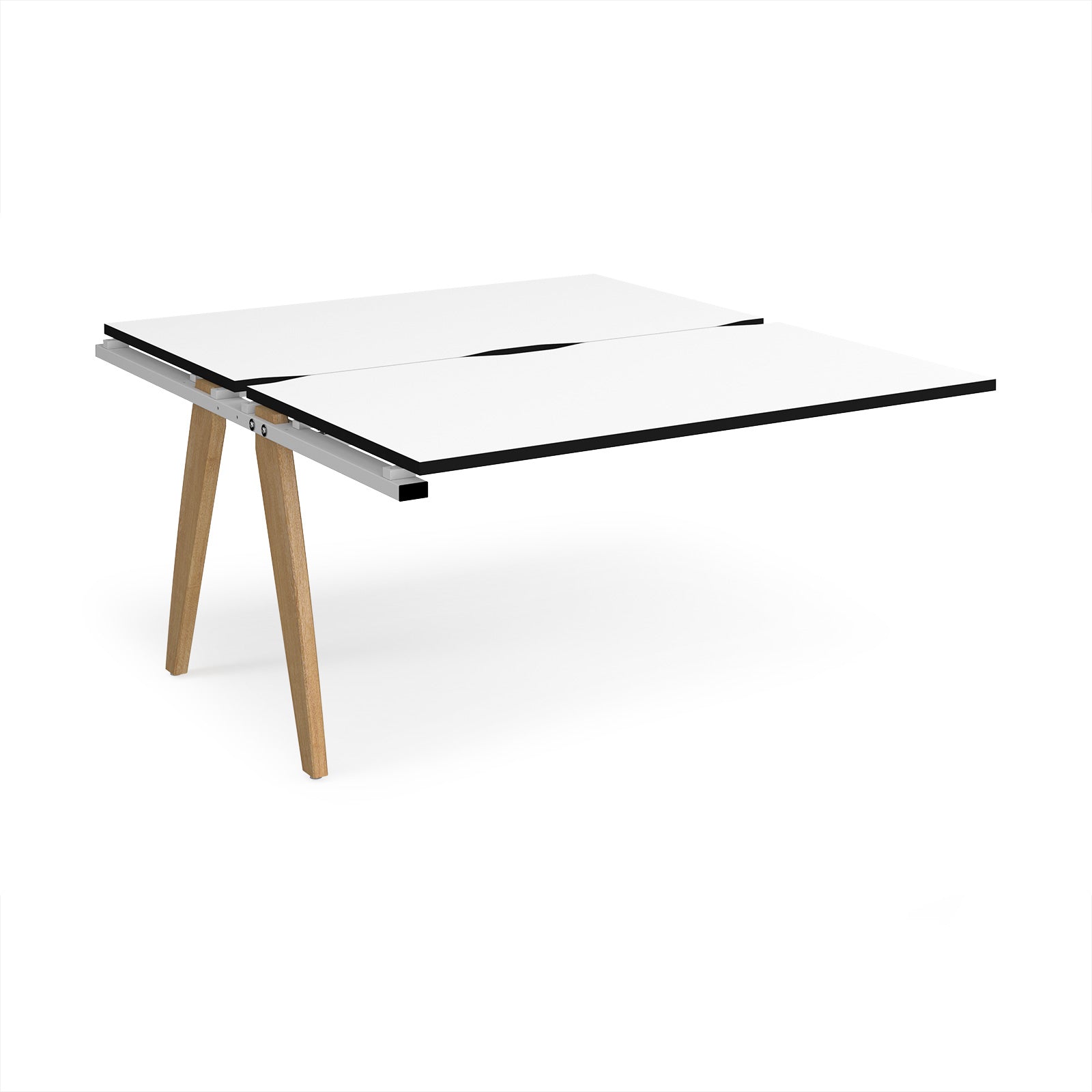 Wooden desk with white top with black edges on a white background