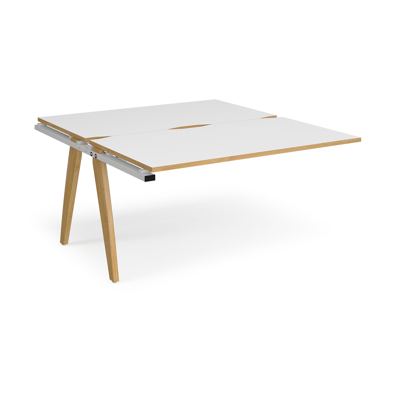 Wooden desk with white top with contrasting edges on a white background