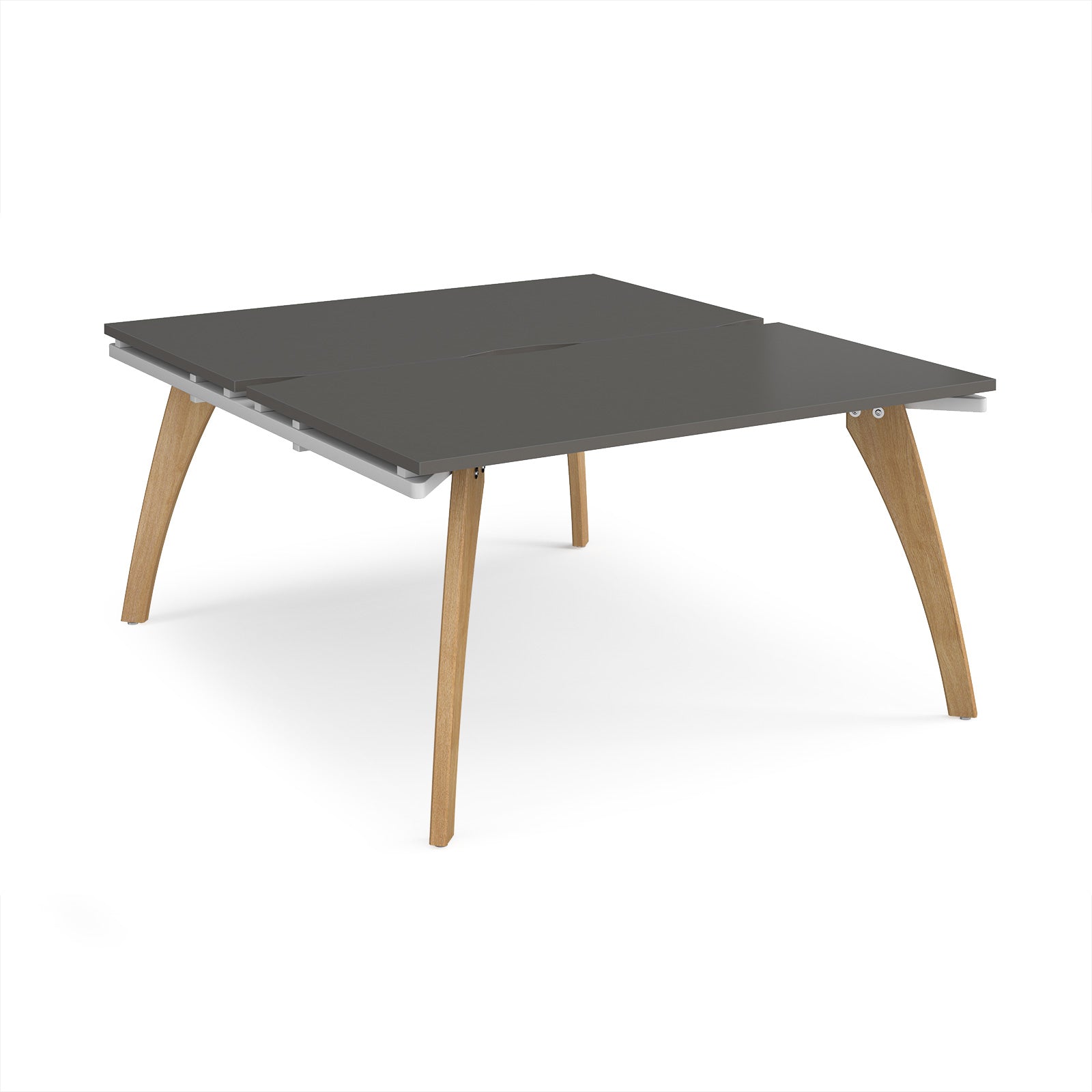 Wooden back-to-back desk with grey top on a white background