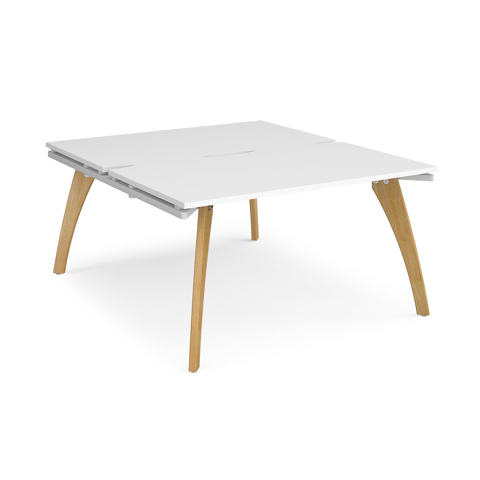 Wooden back-to-back desk with white top on a white background