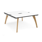 Wooden back-to-back desk with white top with black edge on a white background