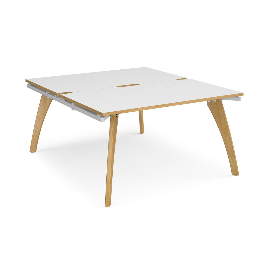 Wooden back-to-back desk with white top with contrasting edge on a white background