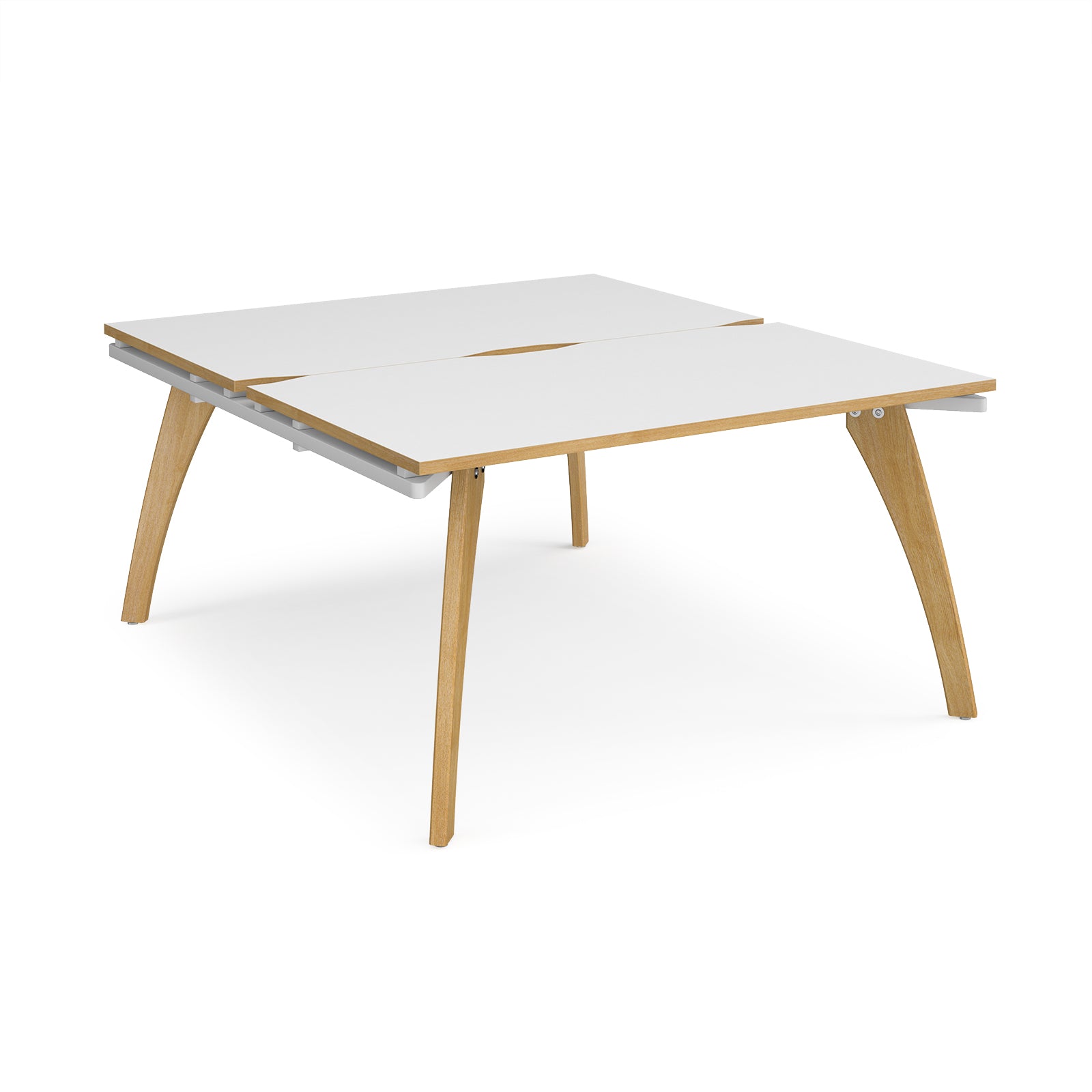 Wooden back-to-back desk with white top with contrasting edge on a white background