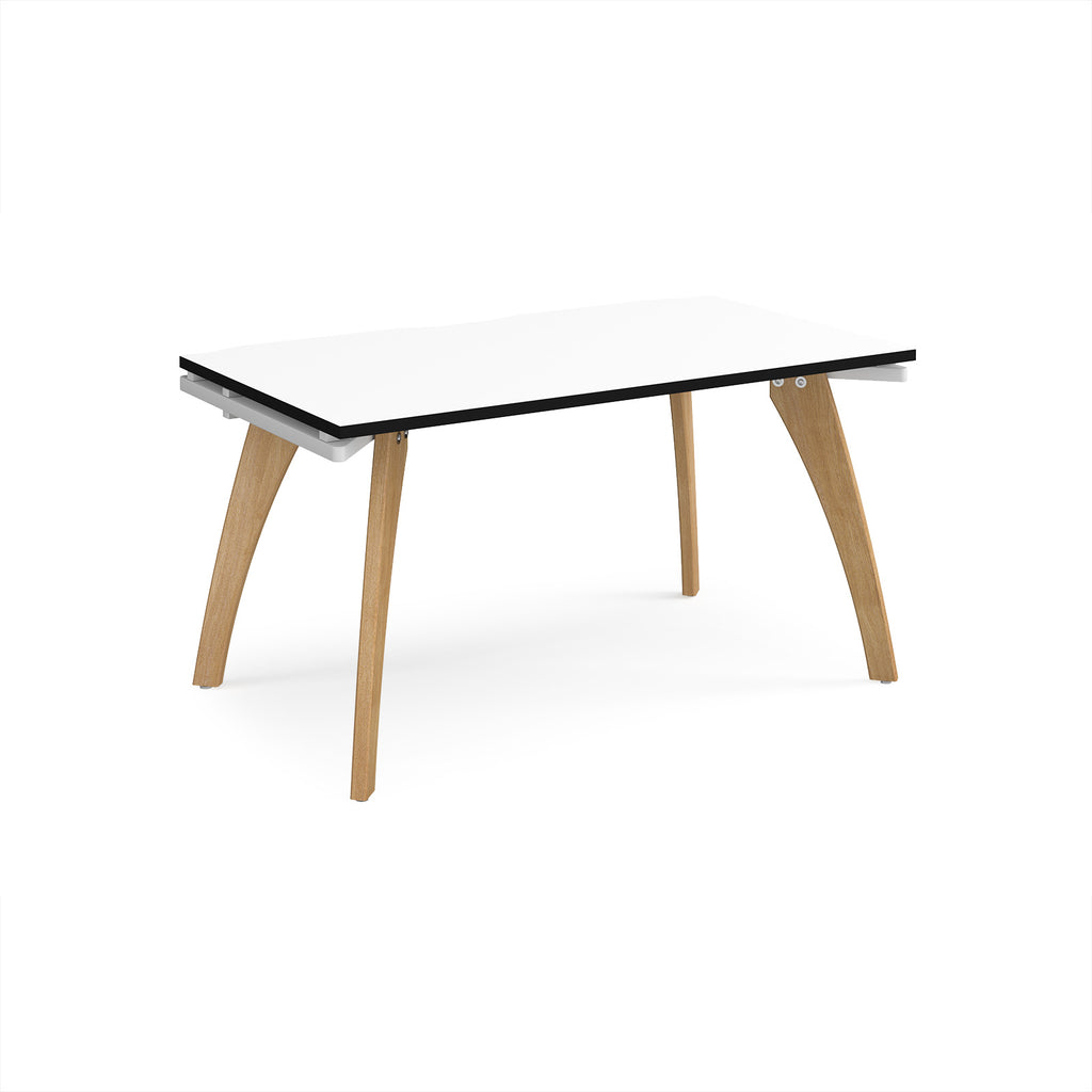 Wooden desk with white top with black edges on a white background