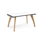 Wooden desk with white top with black edges on a white background