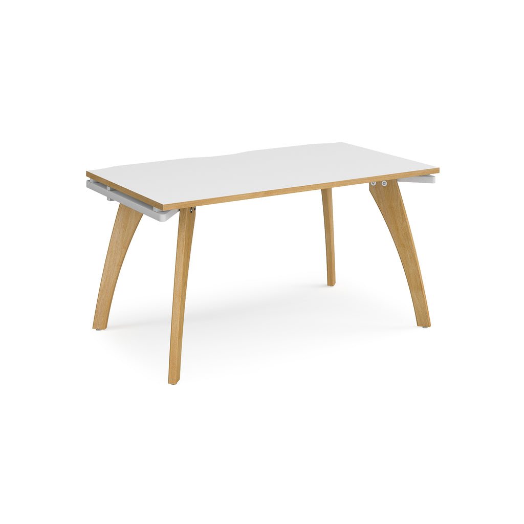Wooden desk with white top with contrasting edges on a white background