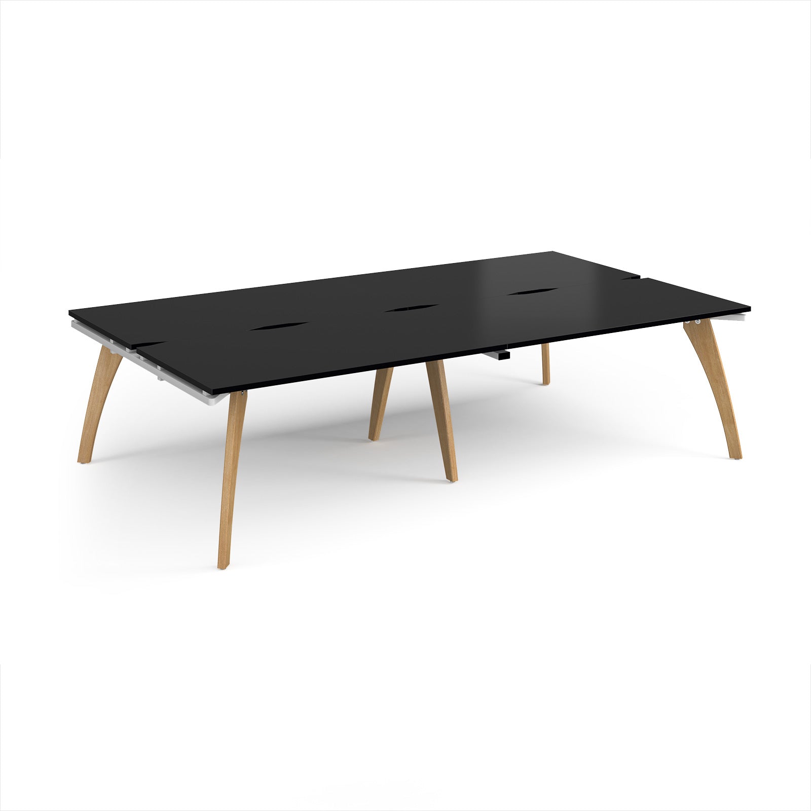 Wooden back-to-back desk with black top on a white background