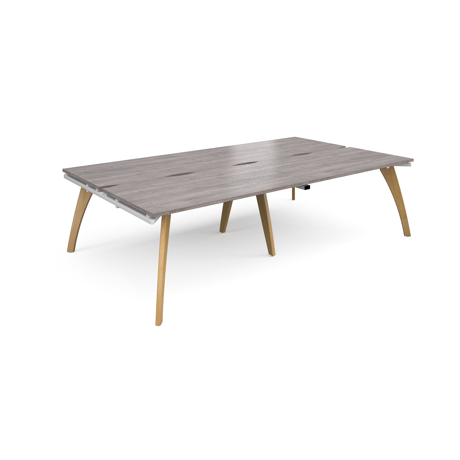 Wooden back-to-back desk with grey top on a white background