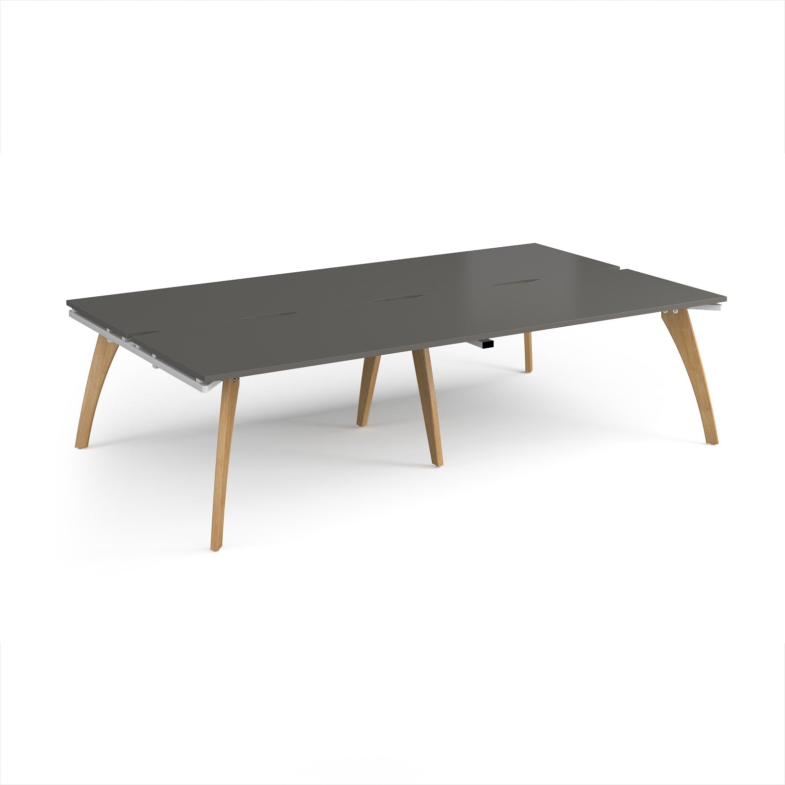 Wooden back-to-back desk with grey top on a white background