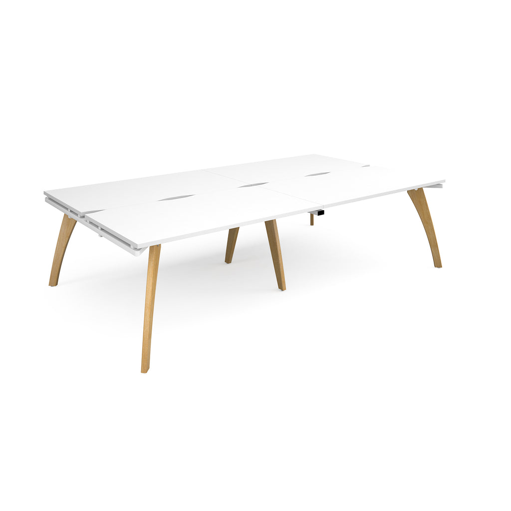 Wooden back-to-back desk with white top on a white background
