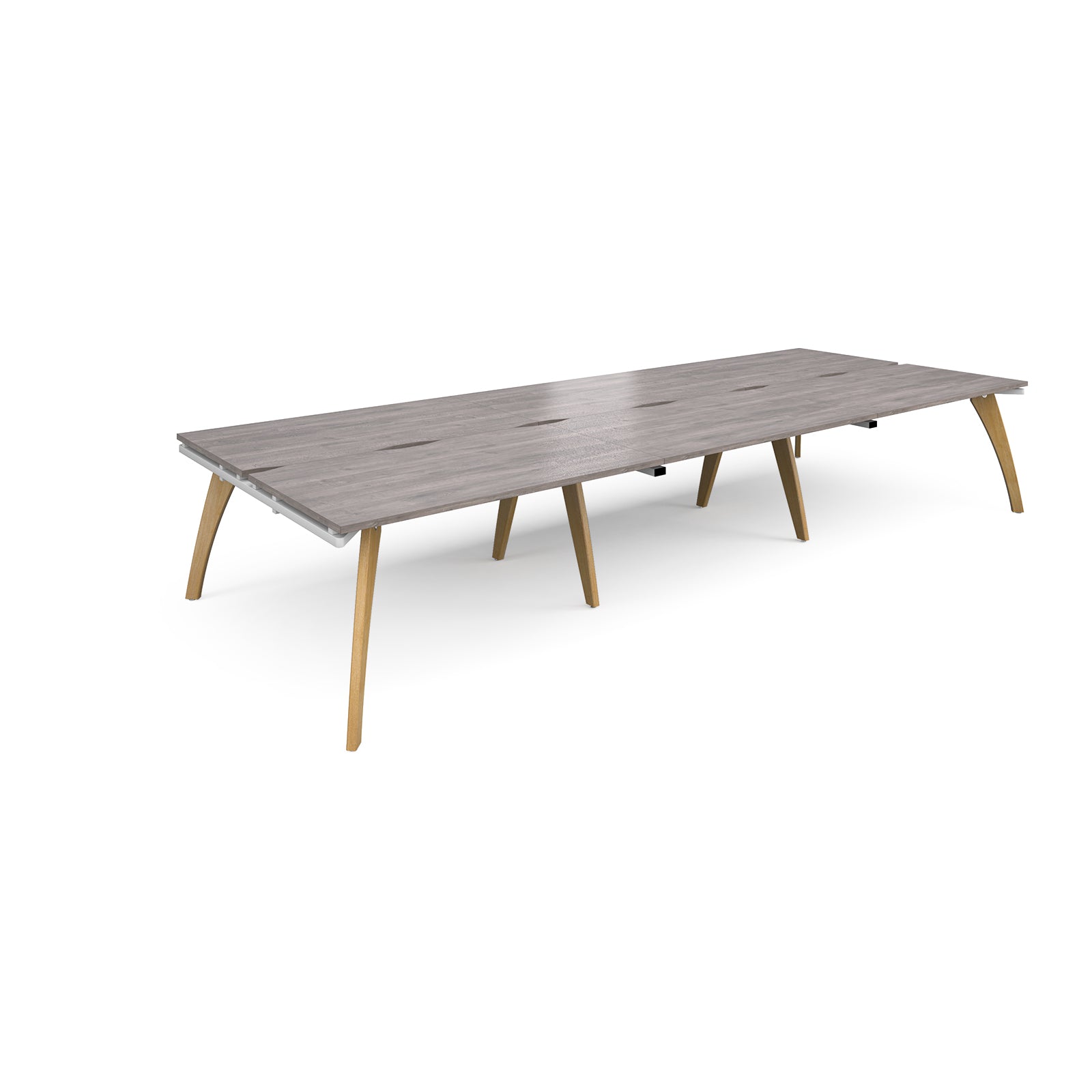 Long back-to-back wooden desk with grey top on a white background