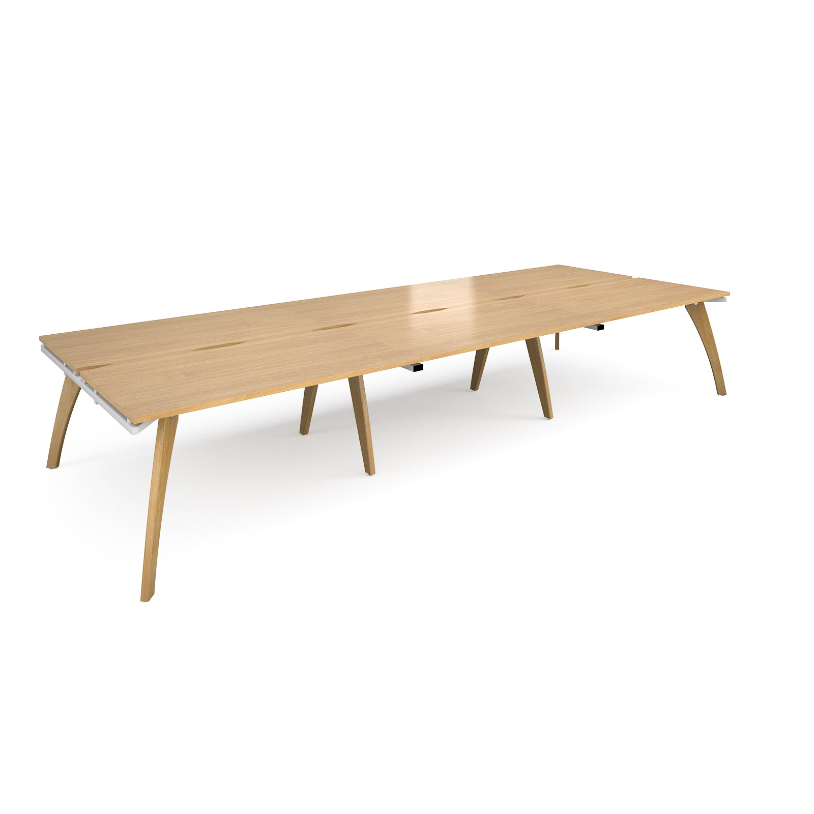 Long back-to-back wooden desk on a white background