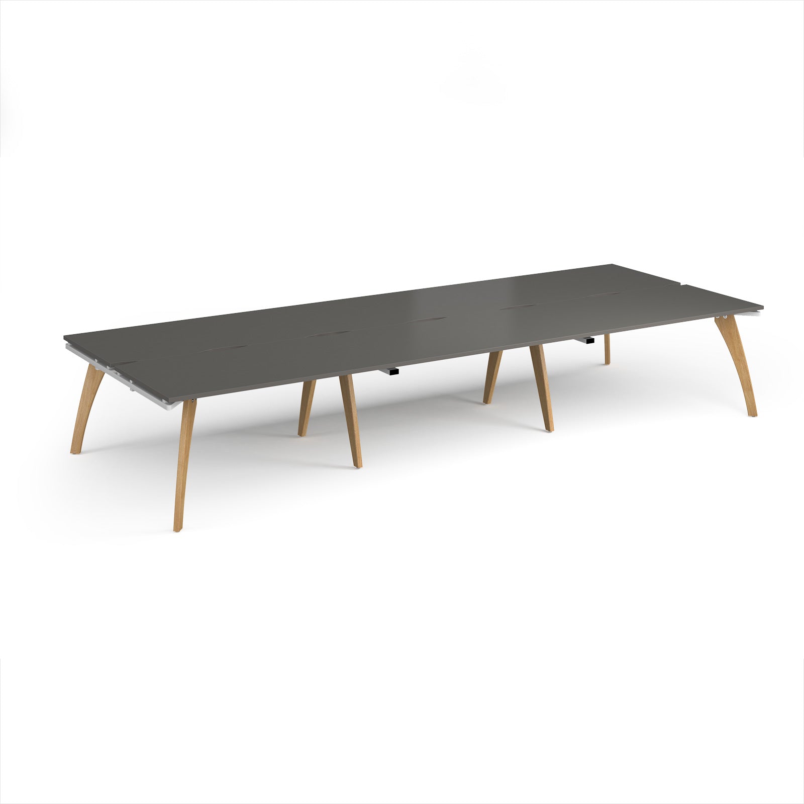 Long back-to-back wooden desk with grey top on a white background