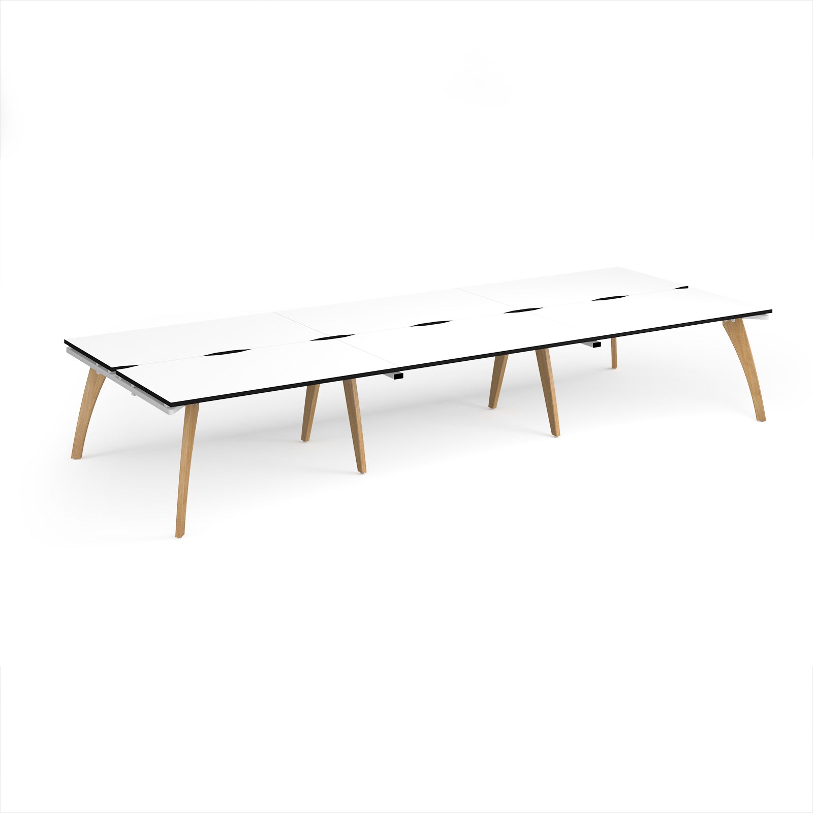 Long back-to-back wooden desk with white top with black edges on a white background