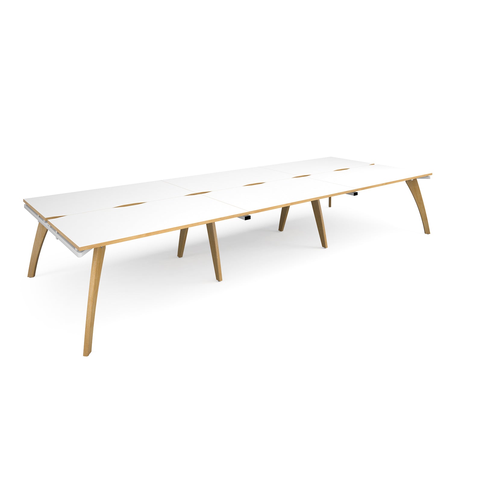 Long back-to-back wooden desk with white top with contrasting edges on a white background