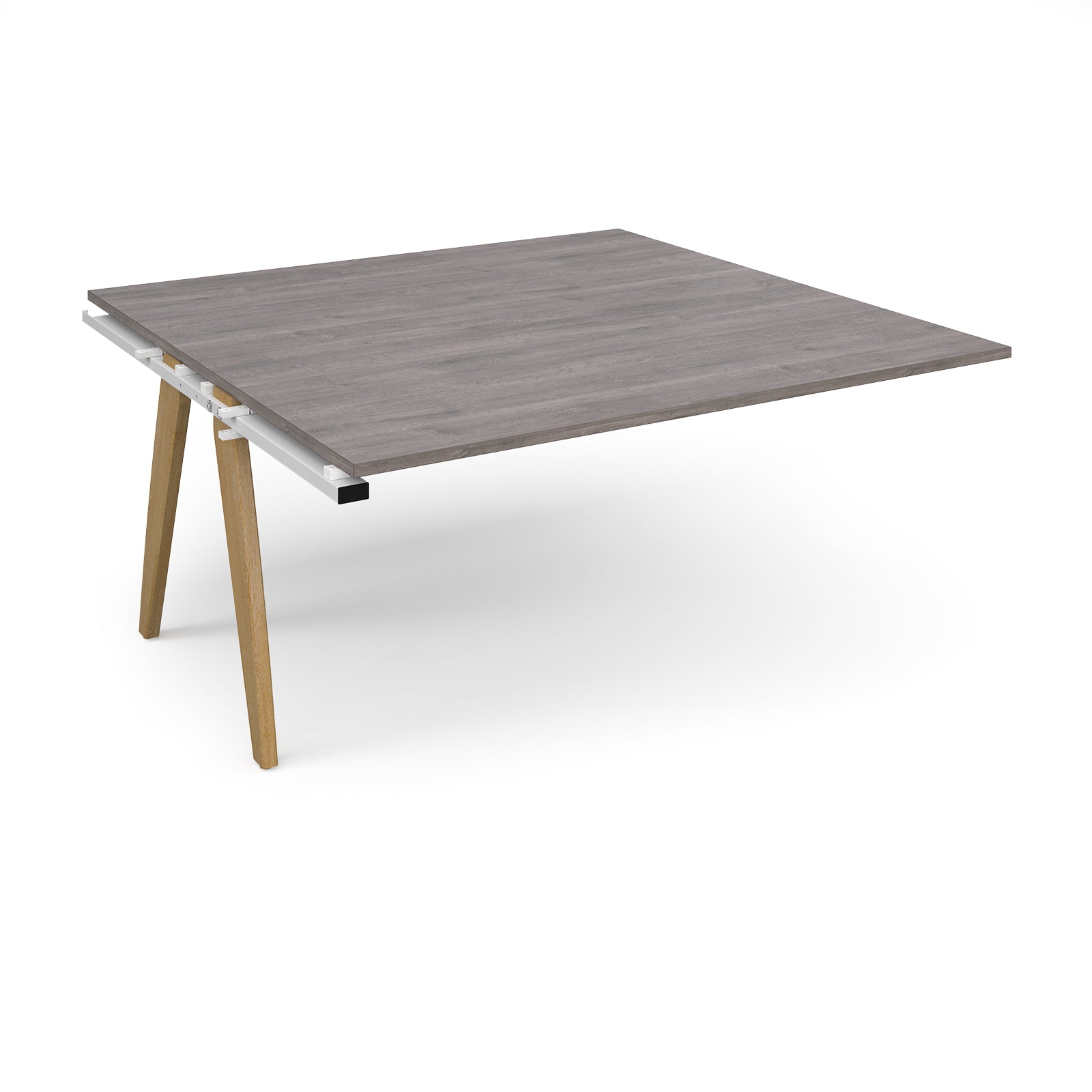Square table add-on unit with grey wood-effect top and oak legs on a white background
