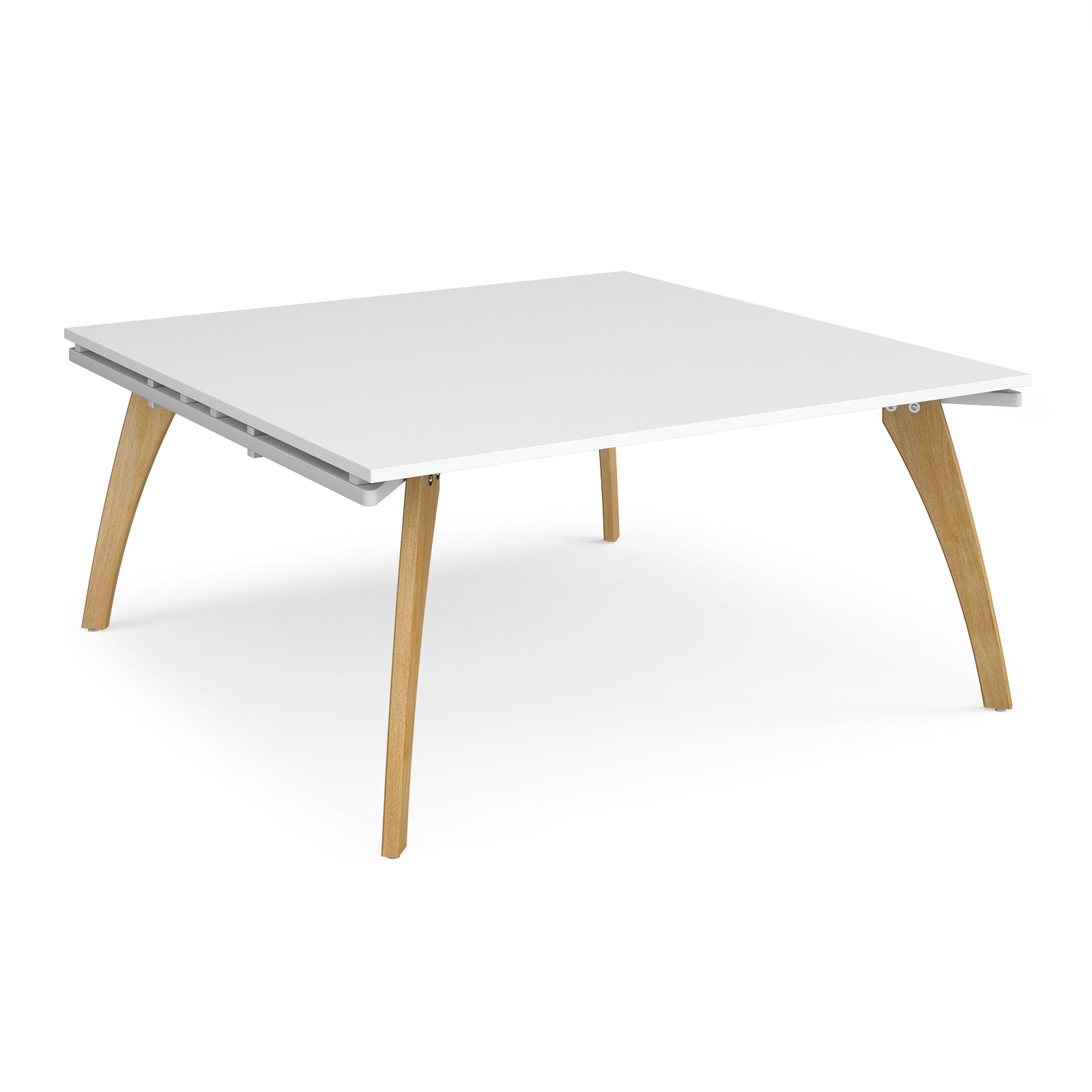 A modern square table with a white top and light natural wood legs, shown on a clean white background.