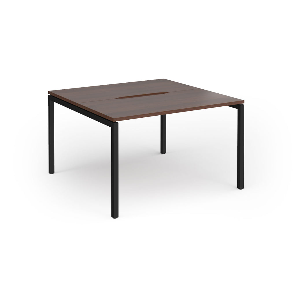 Back-to-back desk with wood-effect top and black metal frame on a white background