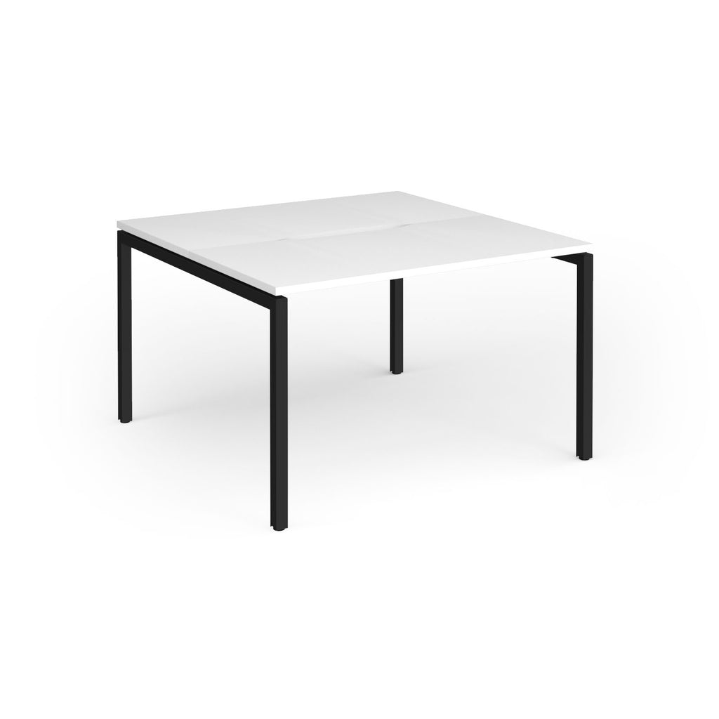 Back-to-back desk with white top and black metal frame on a white background