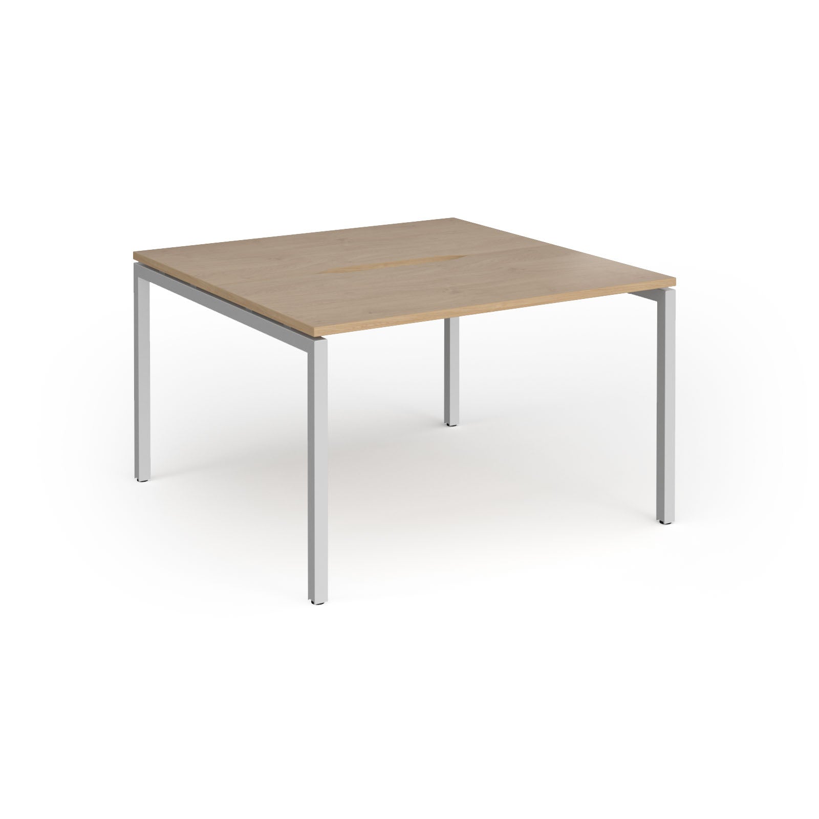 Back-to-back desk with wood-effect top and silver metal frame on a white background