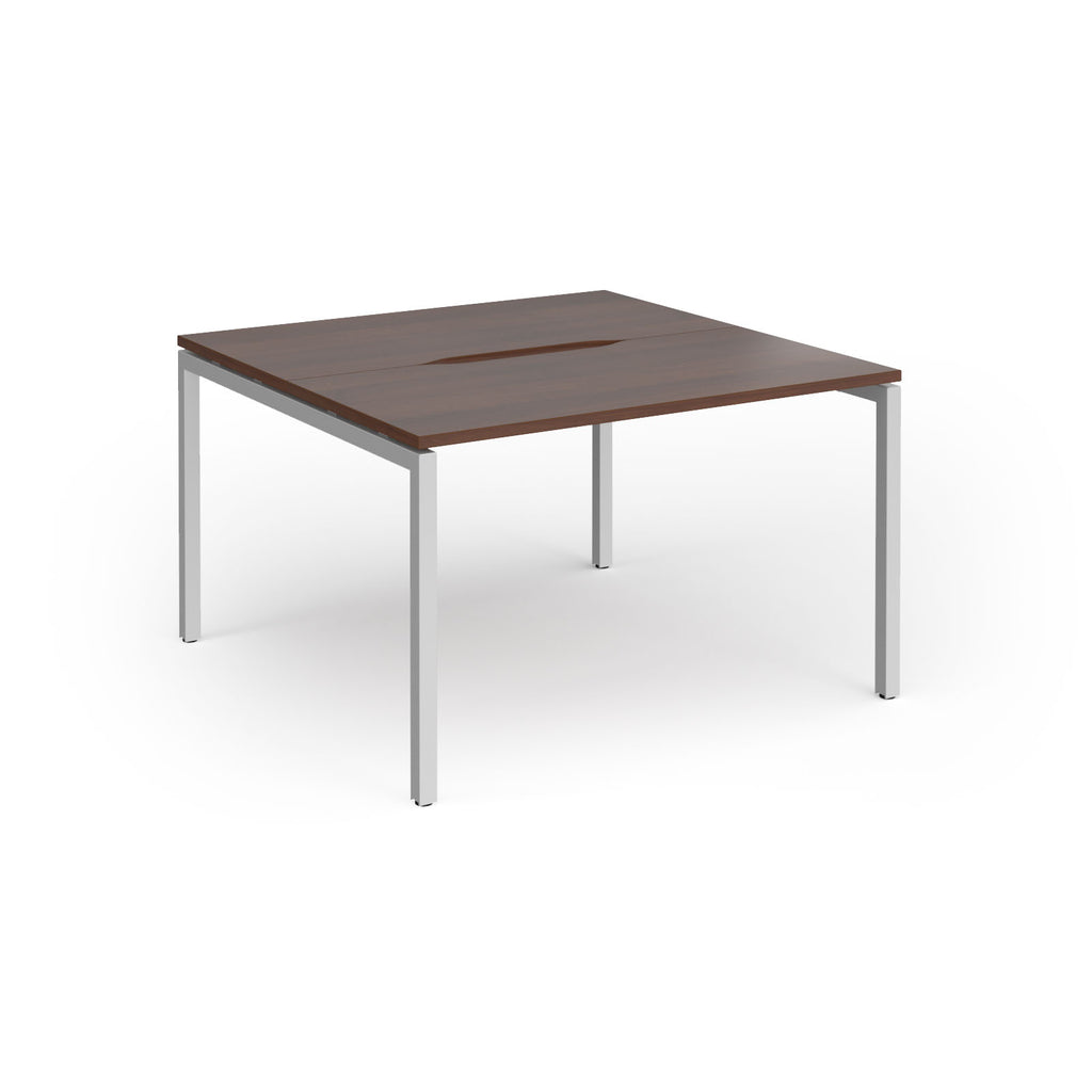 Back-to-back desk with wood-effect top and silver metal frame on a white background
