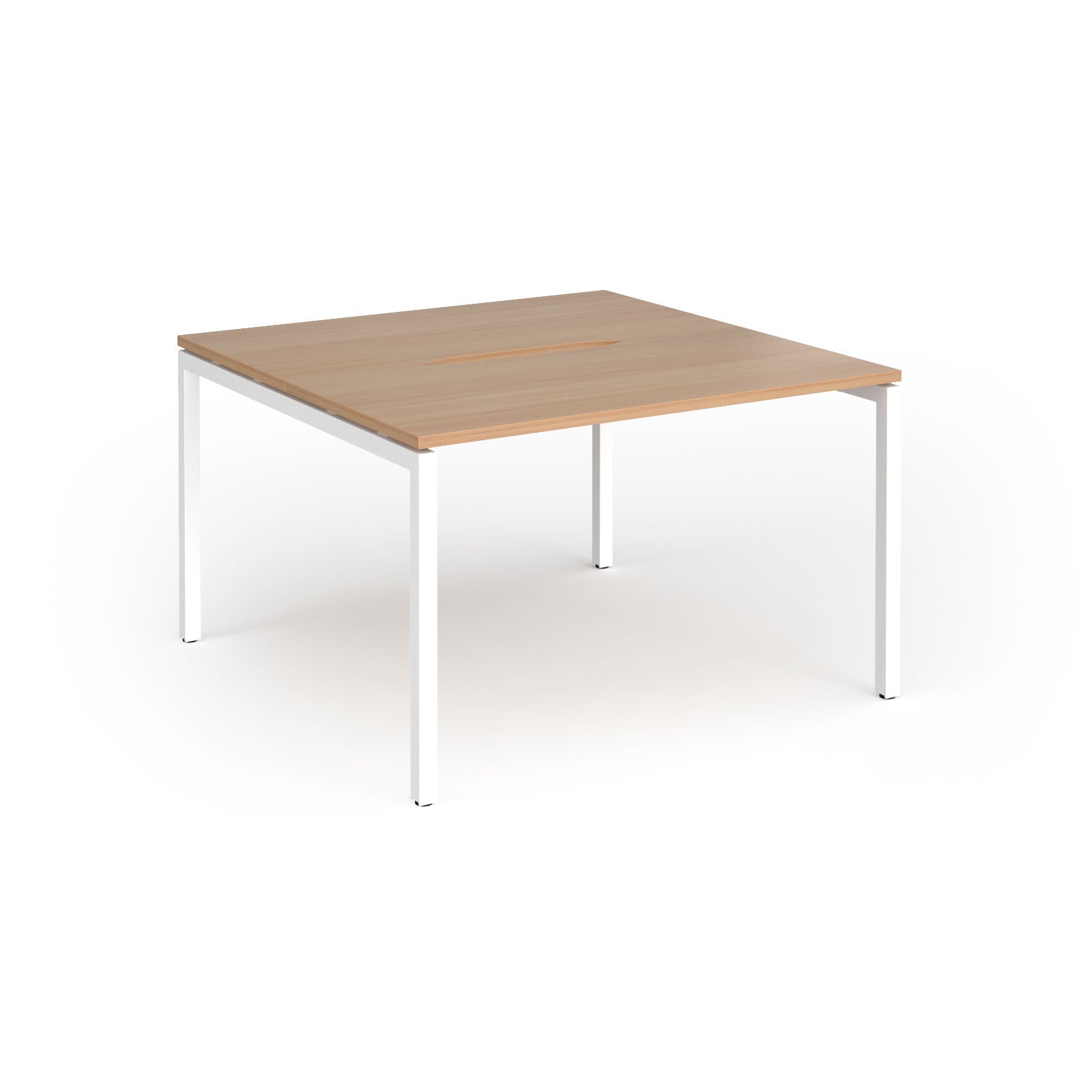 Back-to-back desk with wood-effect top and white metal frame on a white background