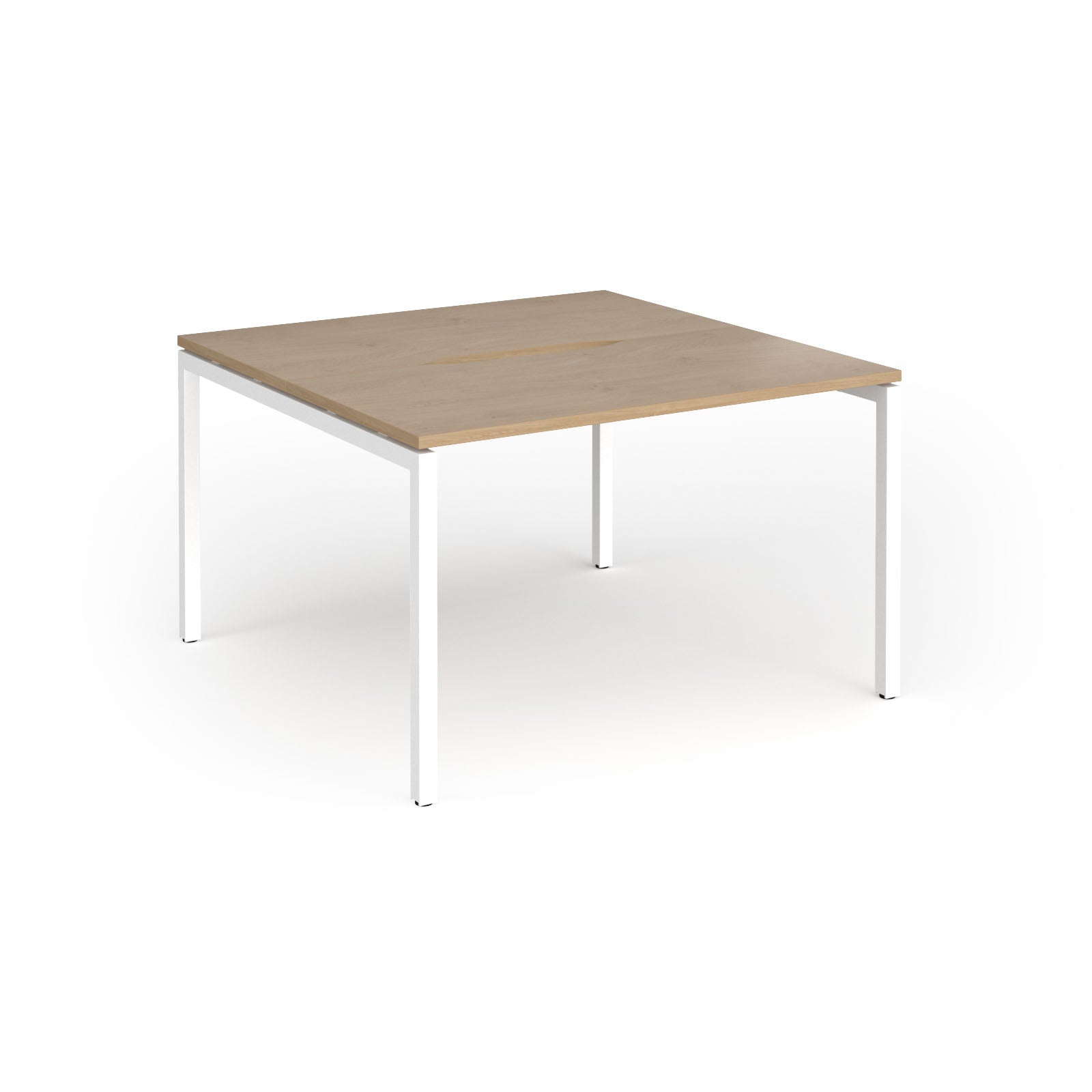Back-to-back desk with wood-effect top and white metal frame on a white background
