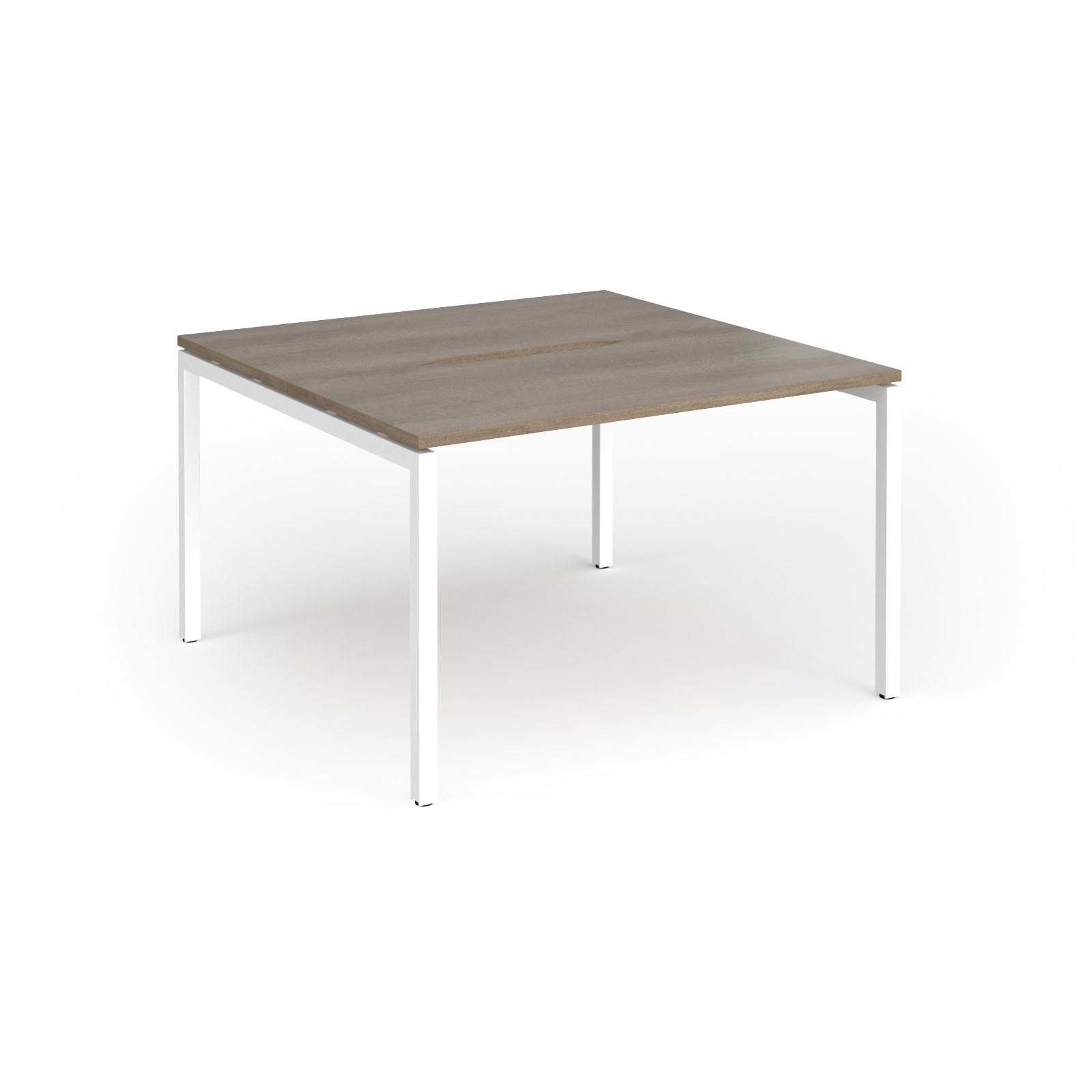 Back-to-back desk with wood-effect top and white metal frame on a white background