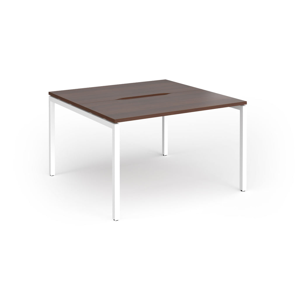 Back-to-back desk with wood-effect top and white metal frame on a white background