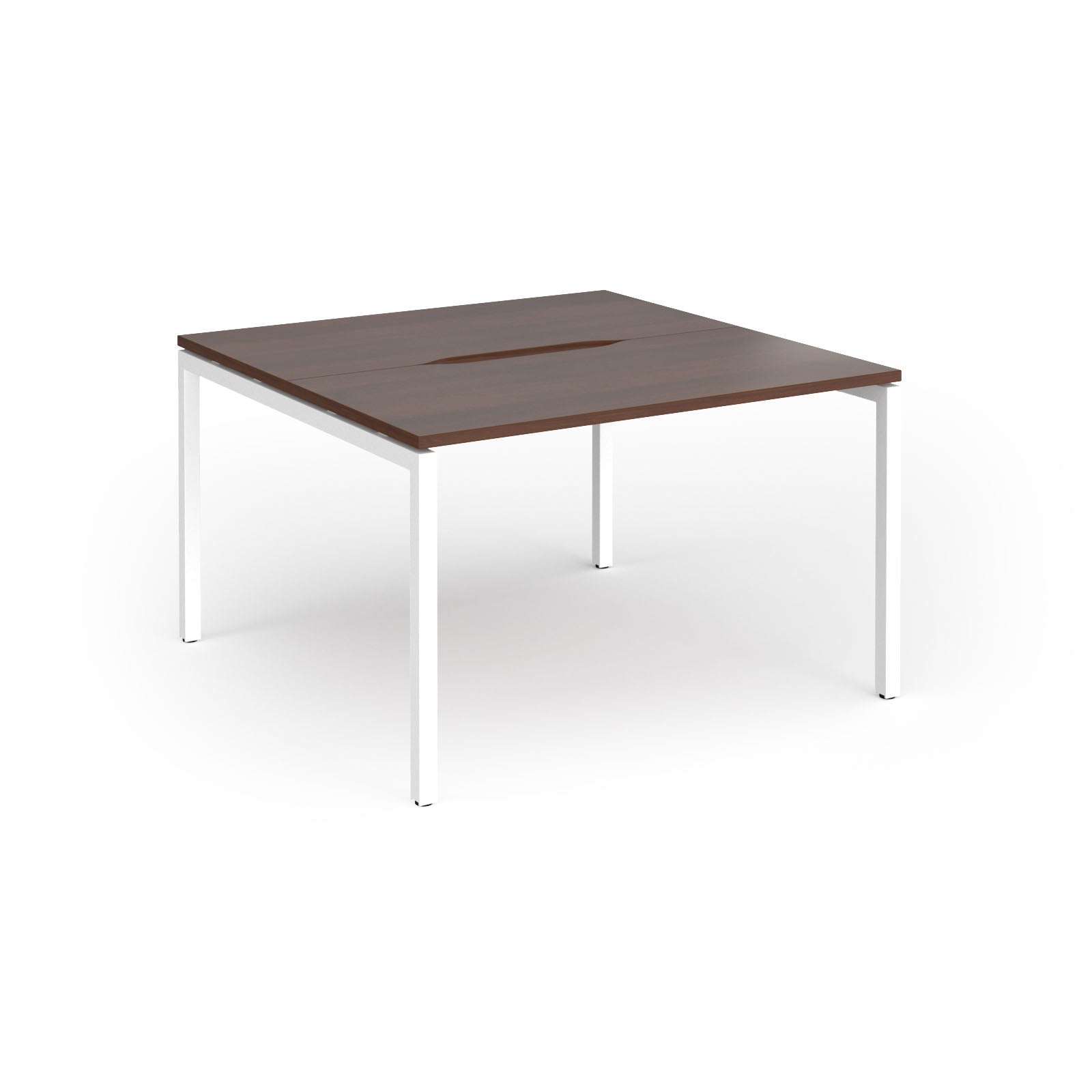 Back-to-back desk with wood-effect top and white metal frame on a white background