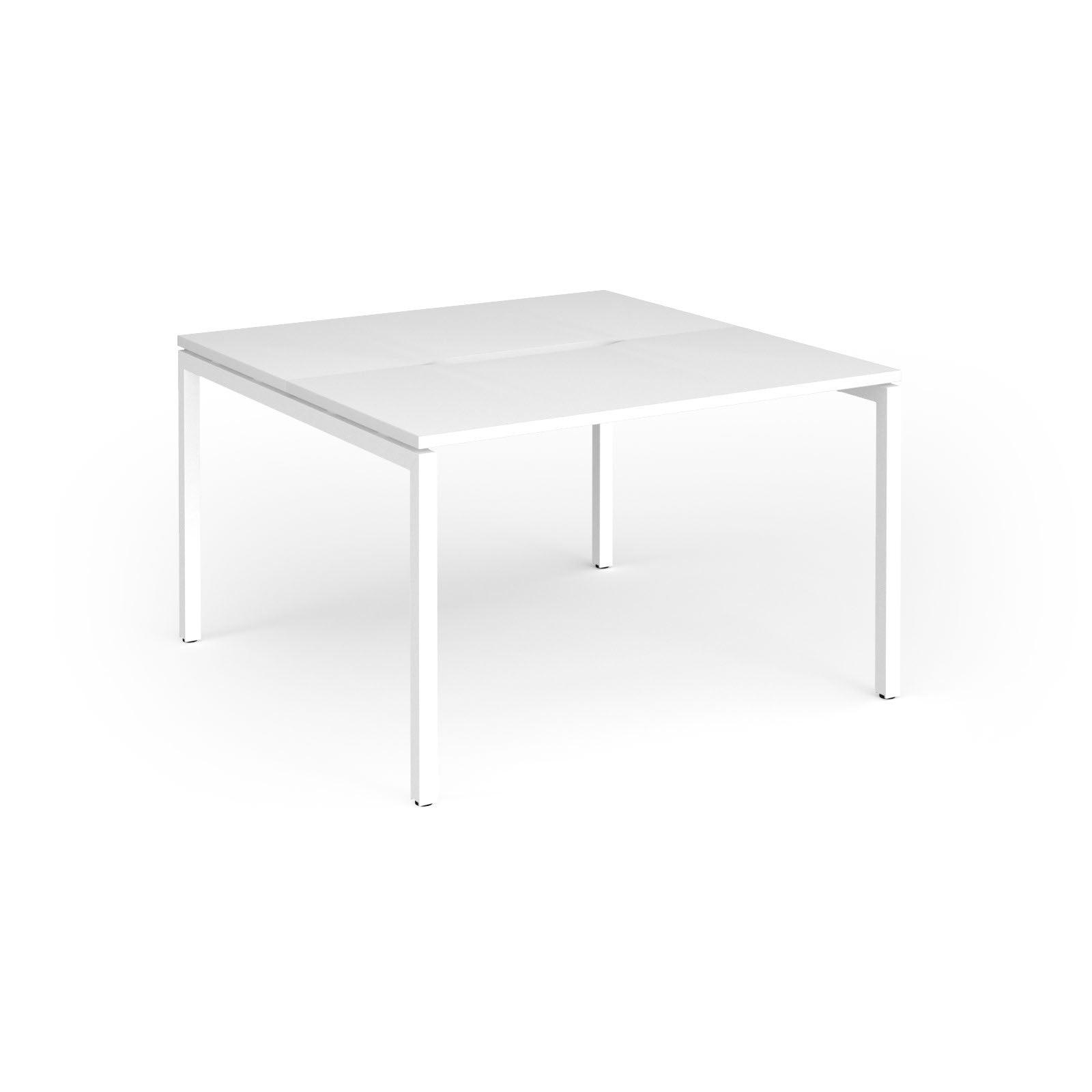Back-to-back desk with white top and metal frame on a white background