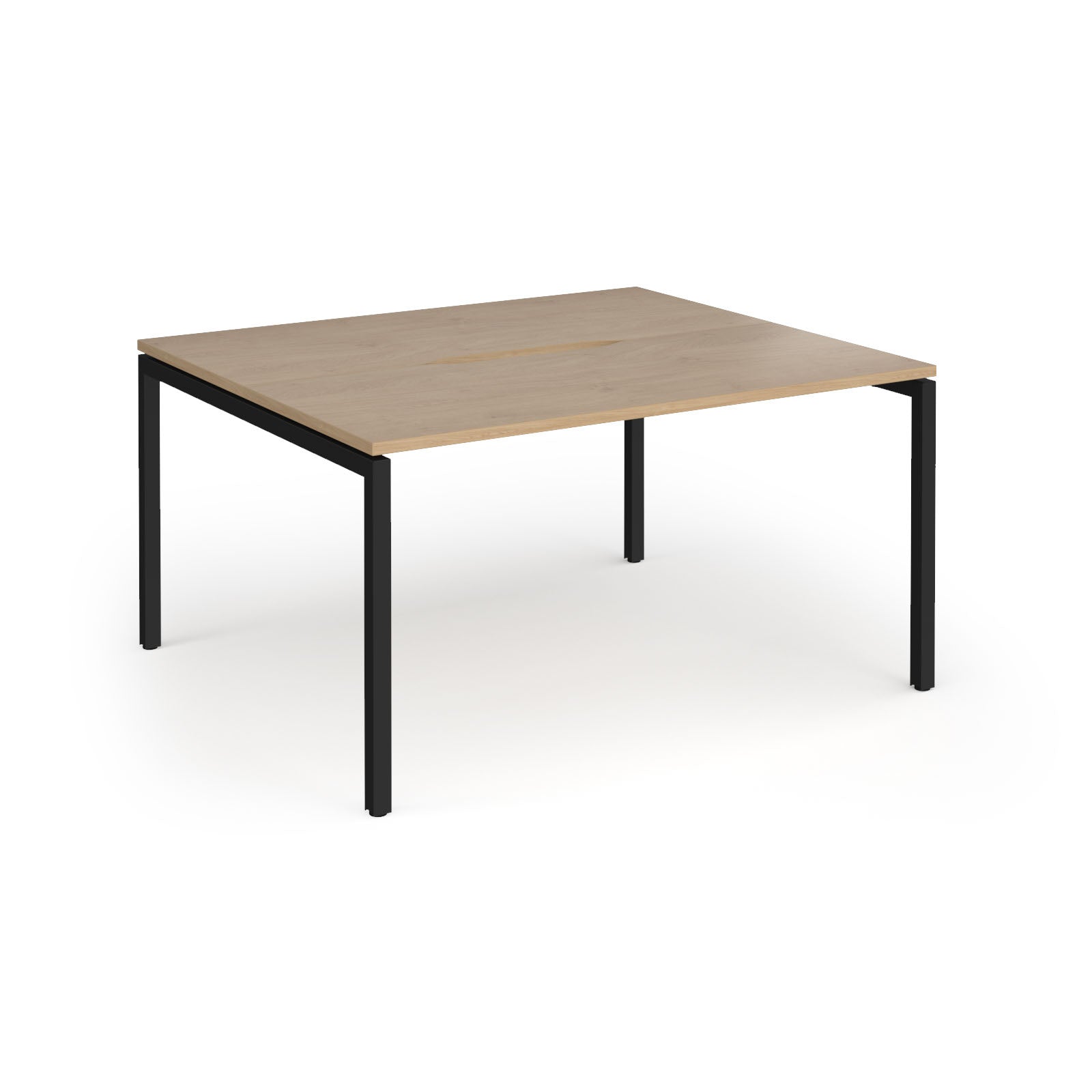 Back-to-back desk with wood-effect top and black metal frame on a white background