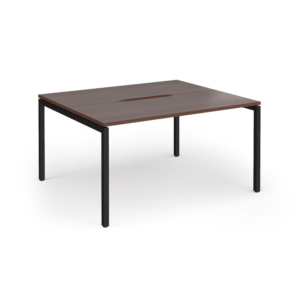 Back-to-back desk with wood-effect top and black metal frame on a white background