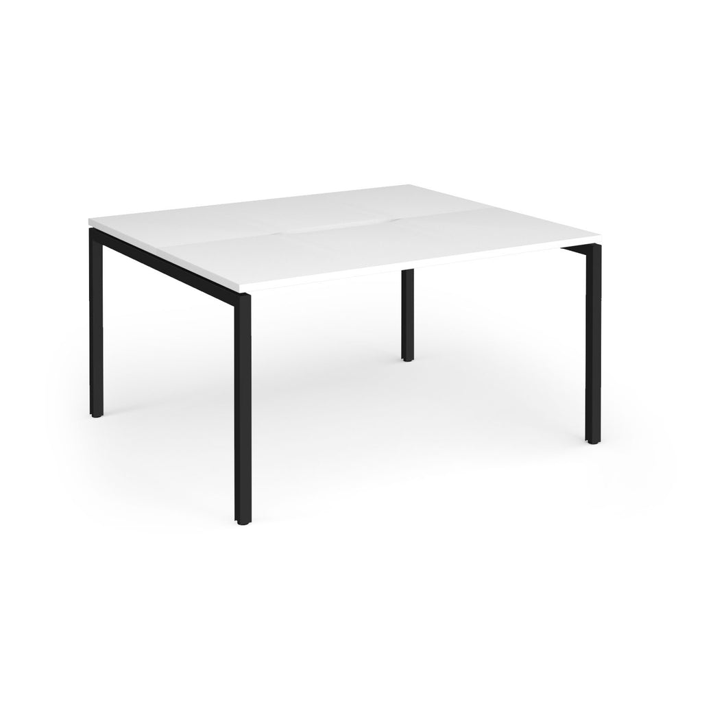 Back-to-back desk with white top and black metal frame on a white background
