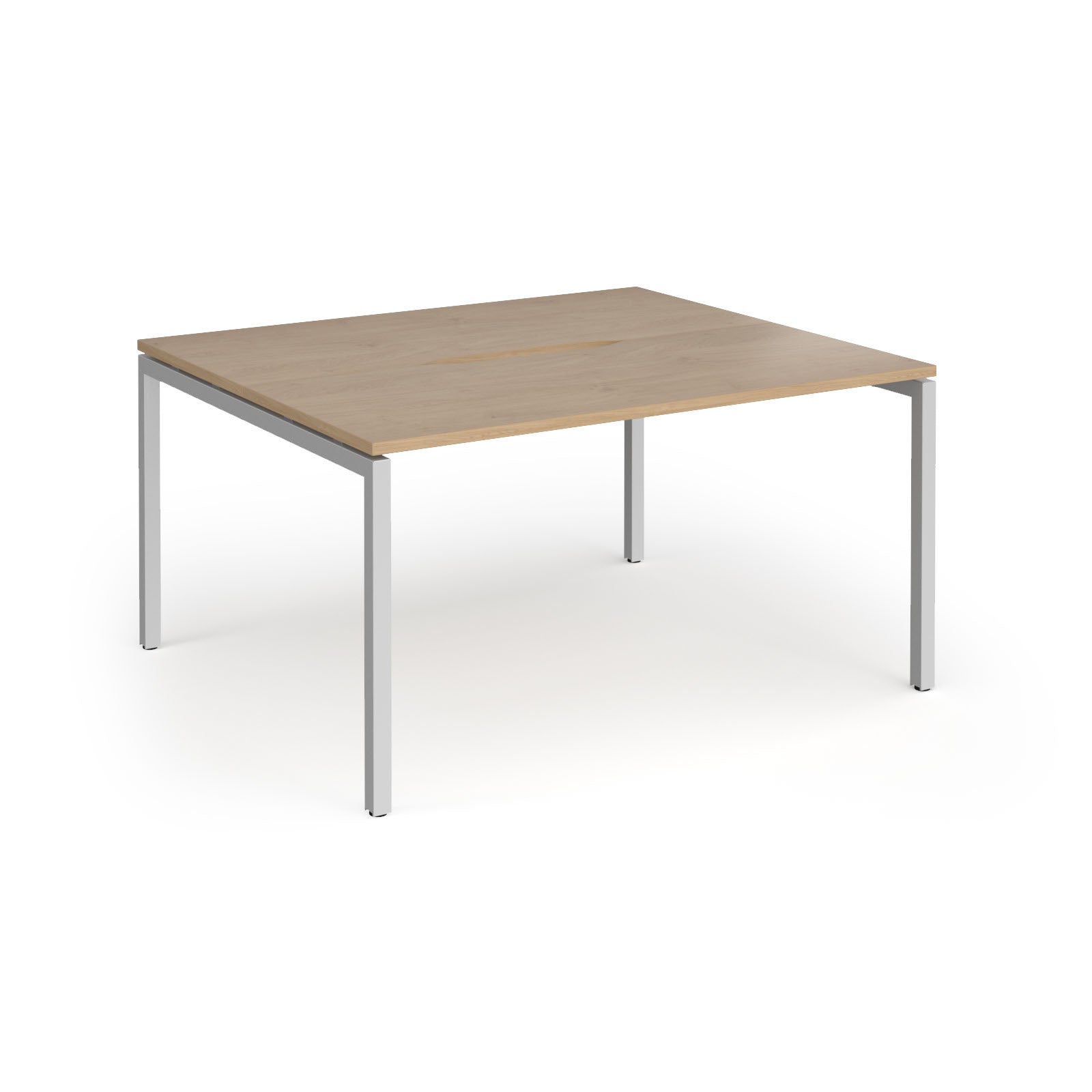 Back-to-back desk with wood-effect top and silver metal frame on a white background