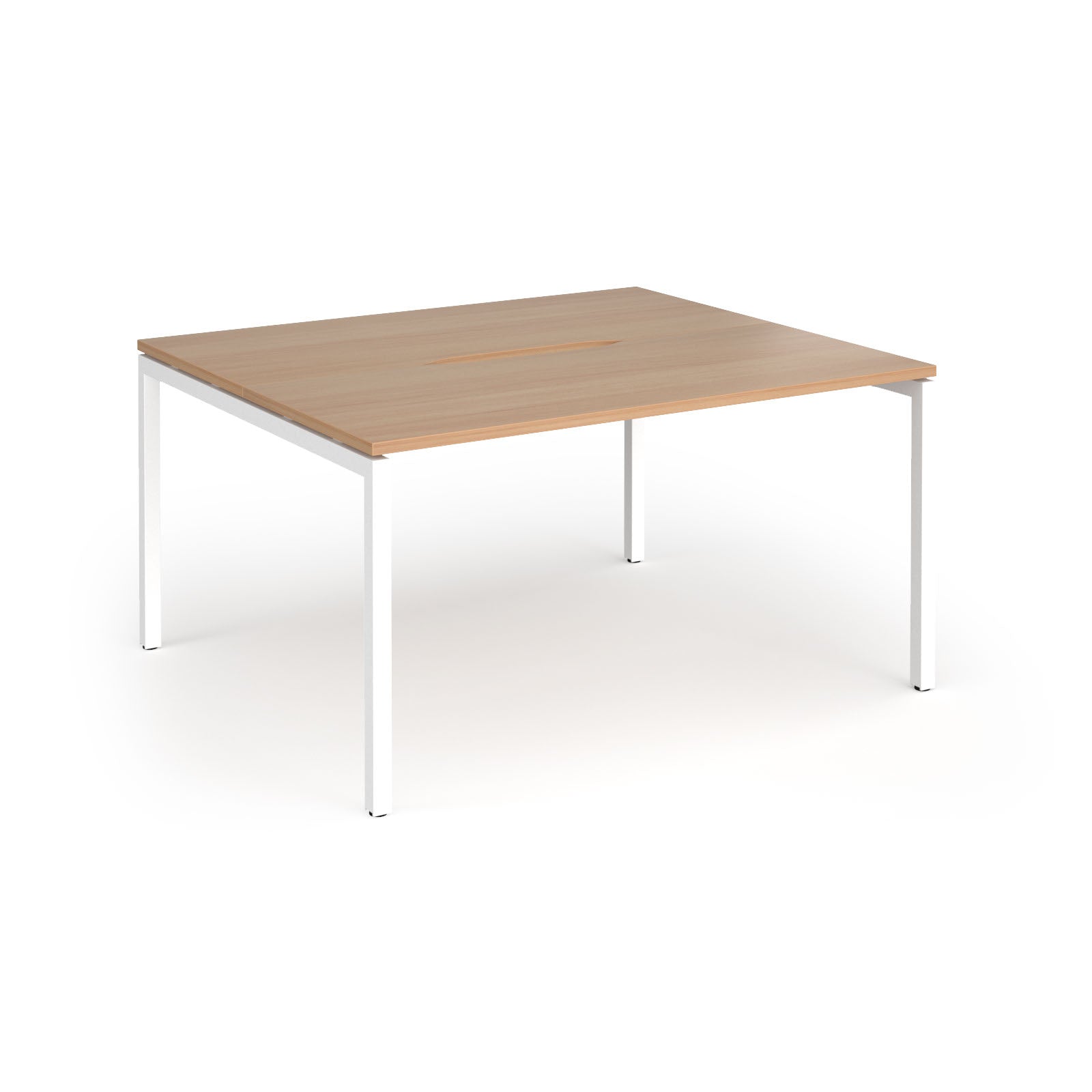 Back-to-back desk with wood-effect top and white metal frame on a white background