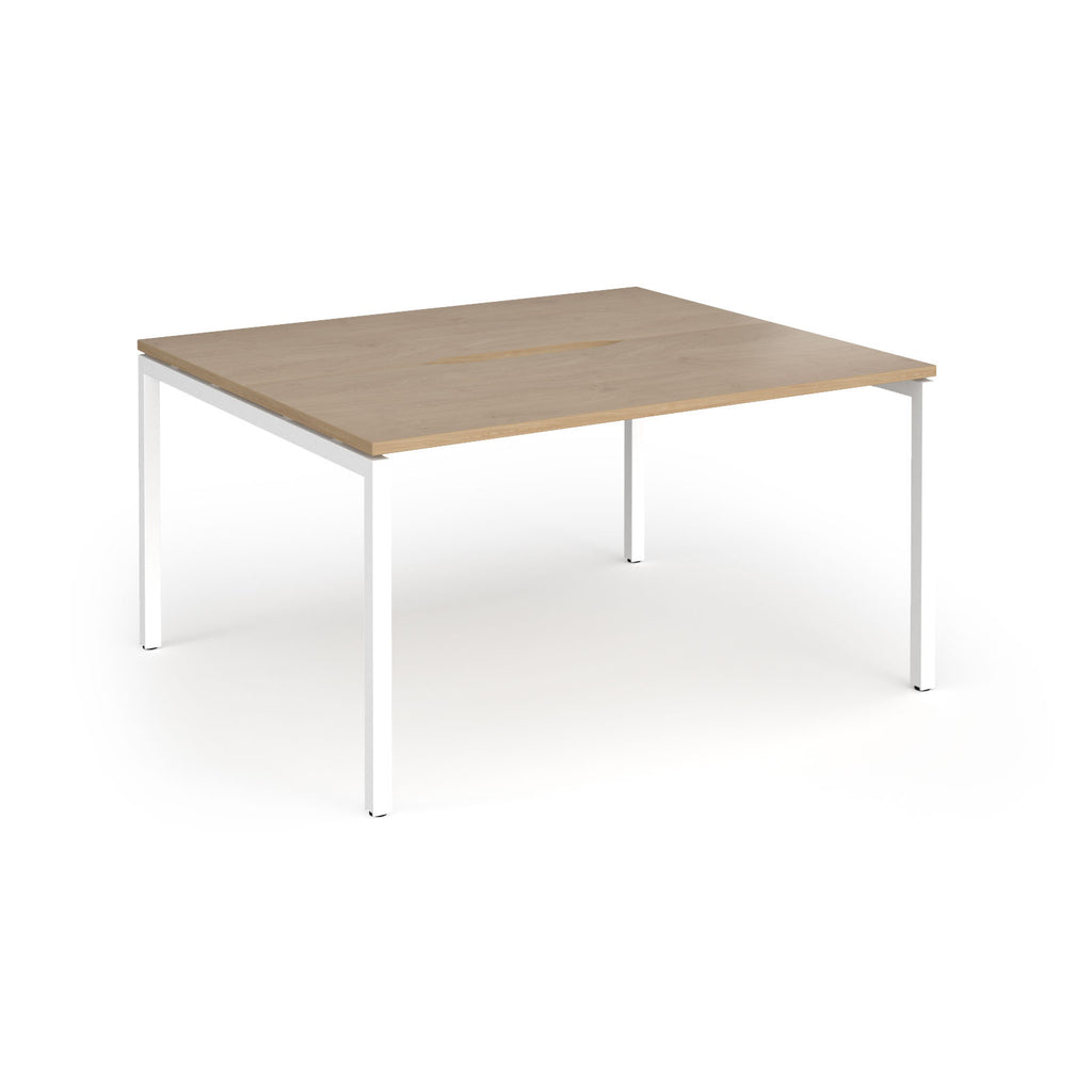 Back-to-back desk with wood-effect top and white metal frame on a white background