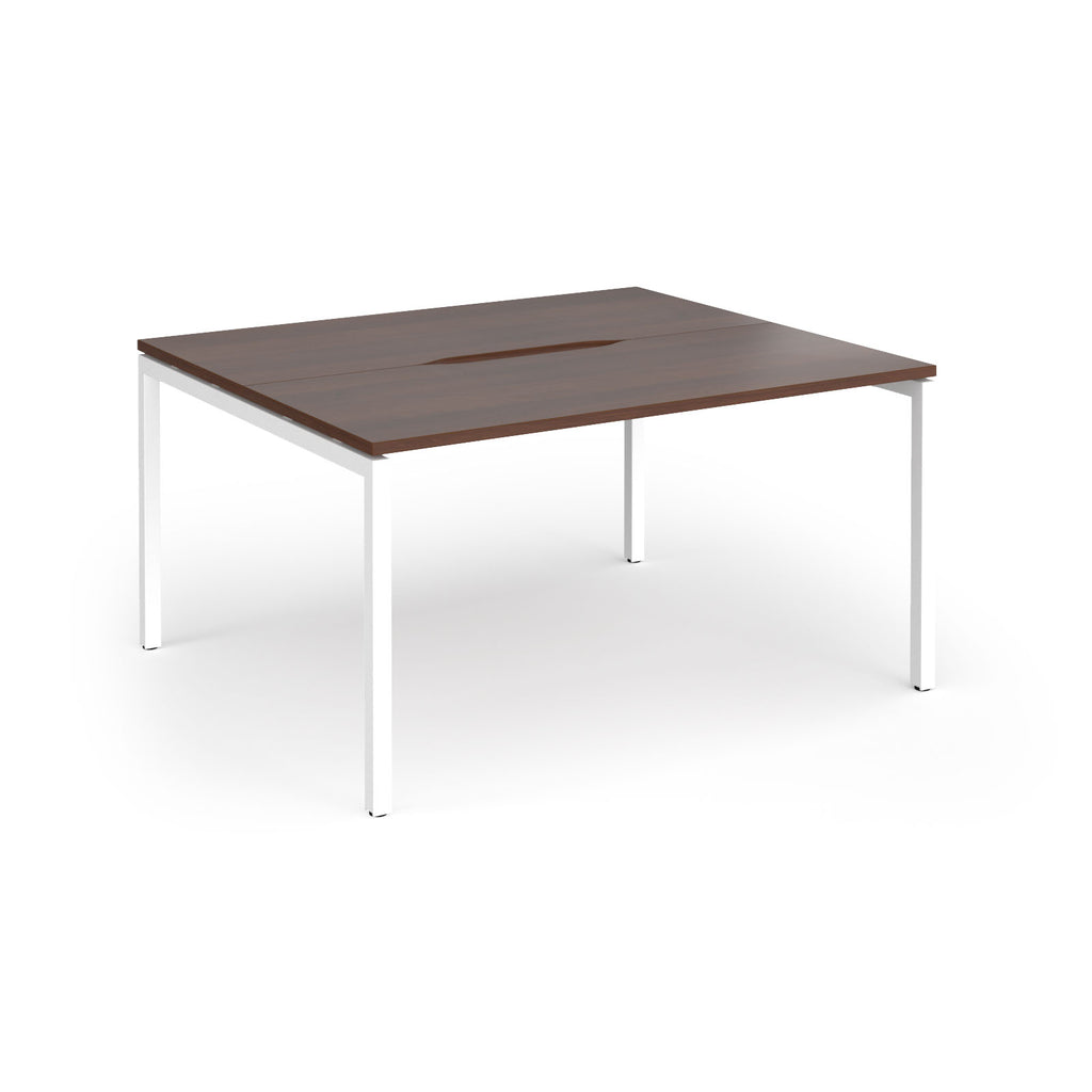 Back-to-back desk with wood-effect top and white metal frame on a white background