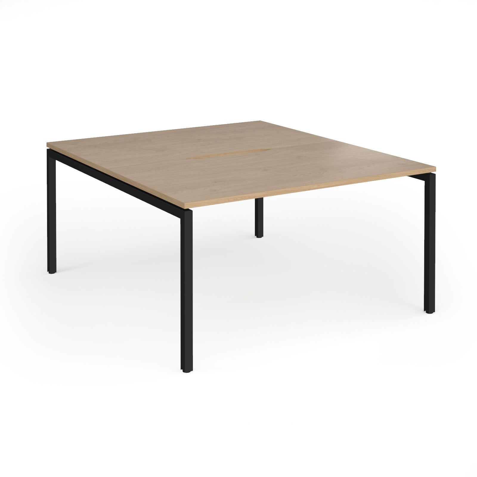 Office back-to-ack desk with wood-effect top and black metal frame on a white background