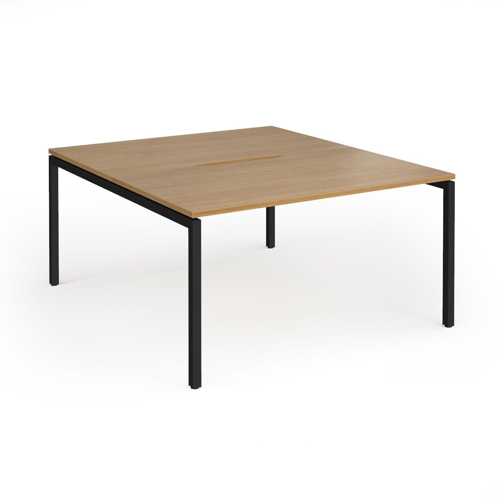 Office back-to-ack desk with wood-effect top and black metal frame on a white background