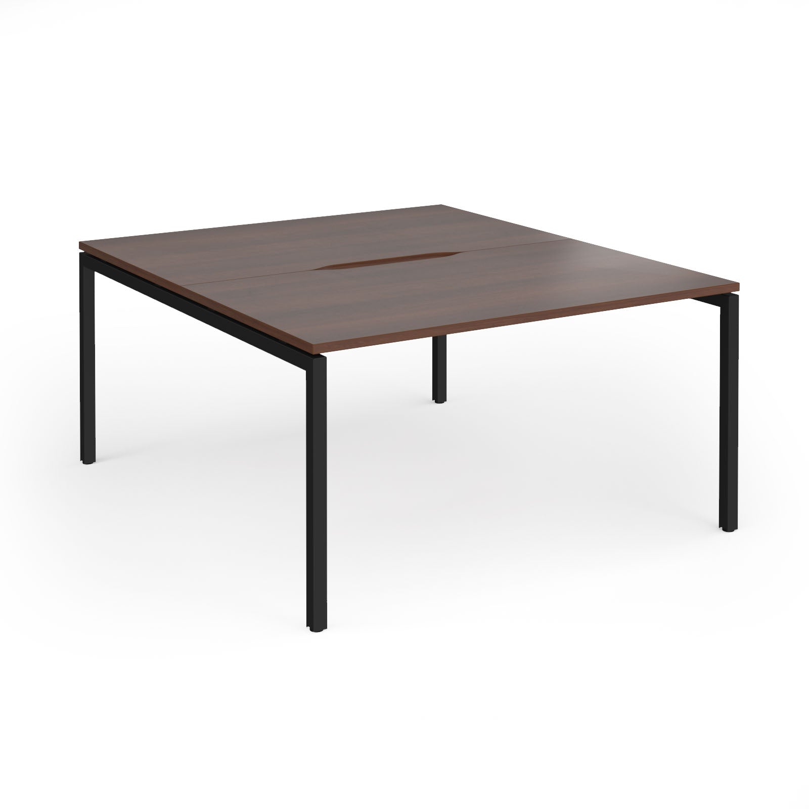 Office back-to-ack desk with wood-effect top and black metal frame on a white background