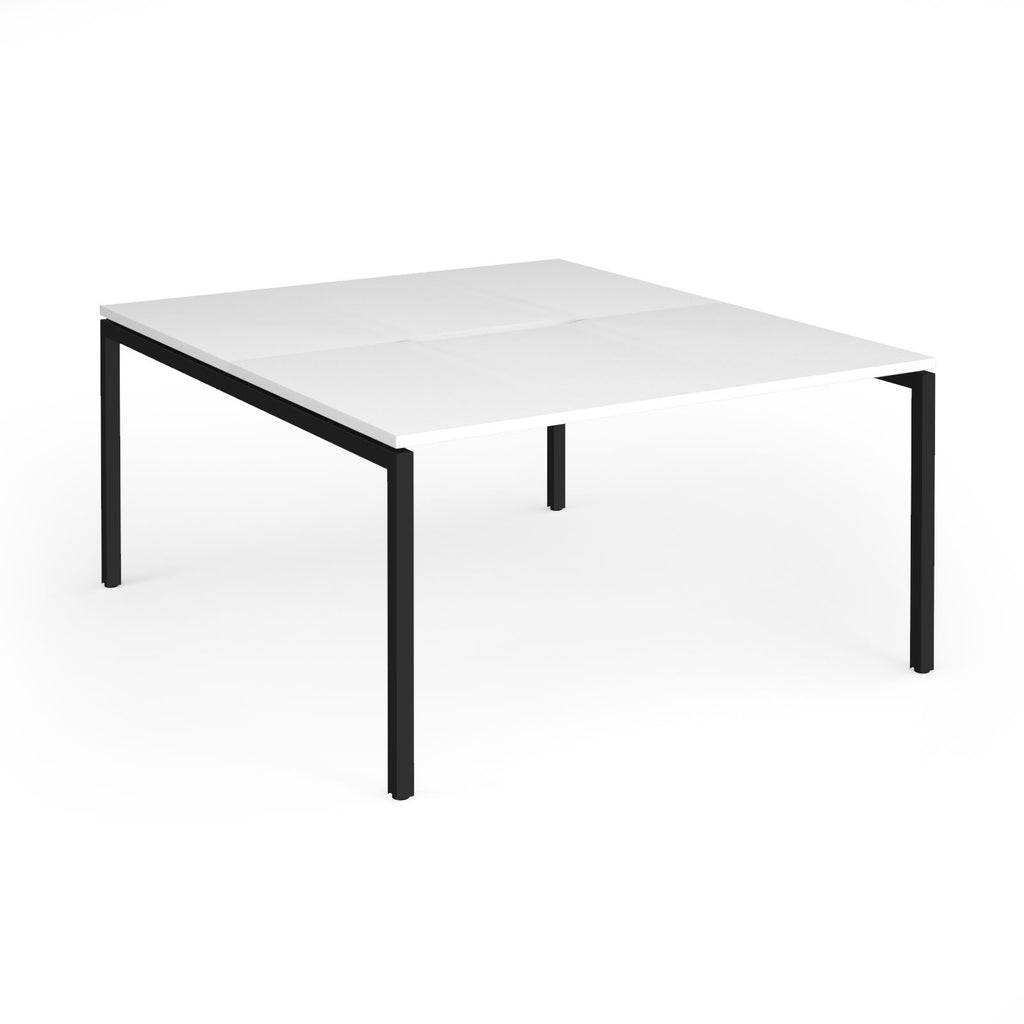 Office back-to-ack desk with white top and black metal frame on a white background