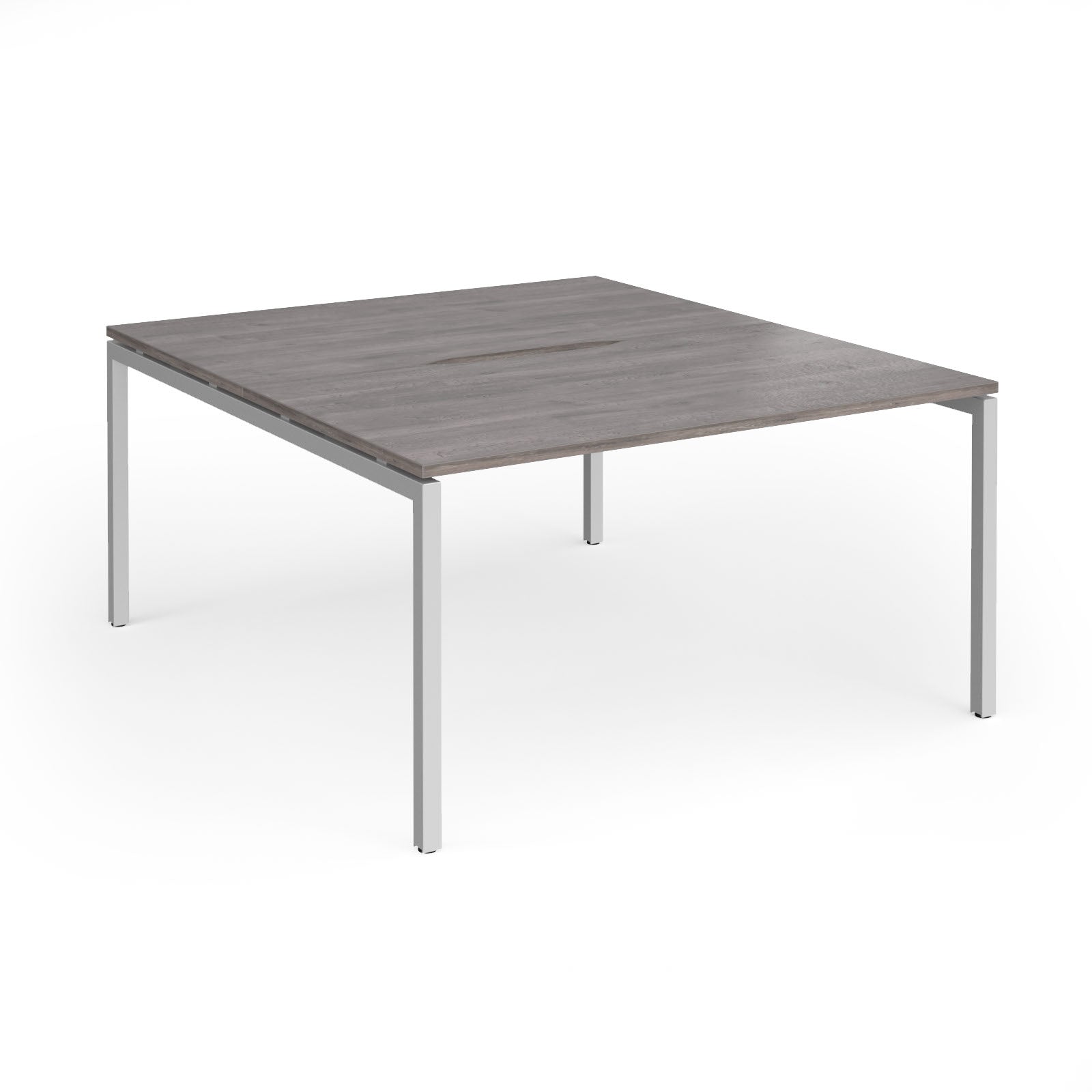 Office back-to-ack desk with grey wood-effect top and silver metal frame on a white background
