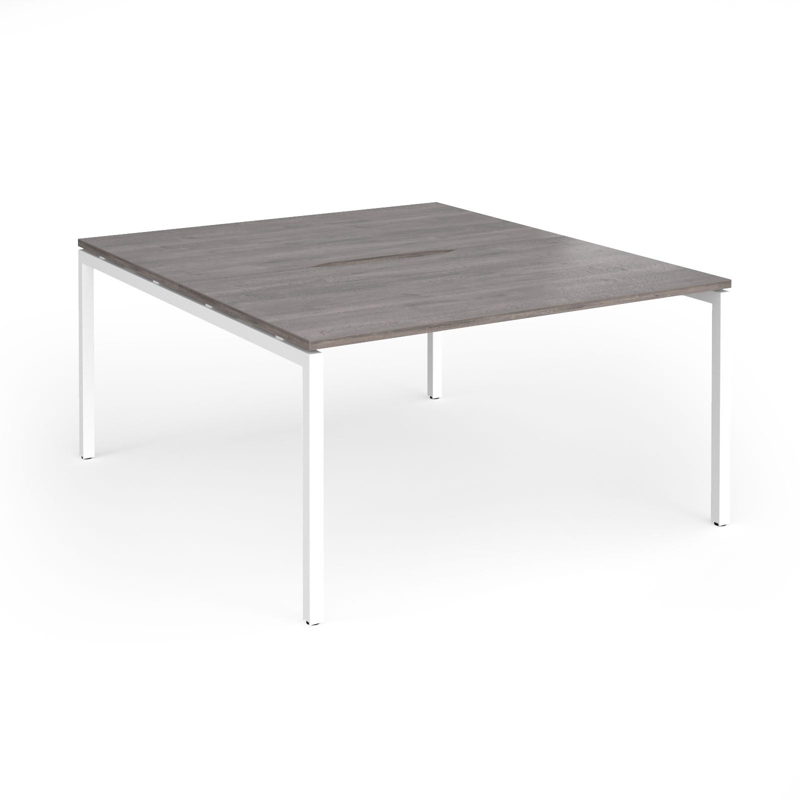 Office back-to-ack desk with grey wood-effect top and white metal frame on a white background