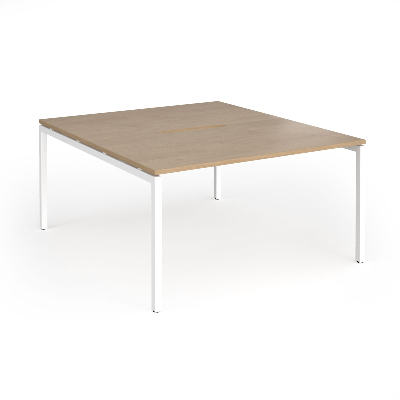 Office back-to-ack desk with wood-effect top and white metal frame on a white background