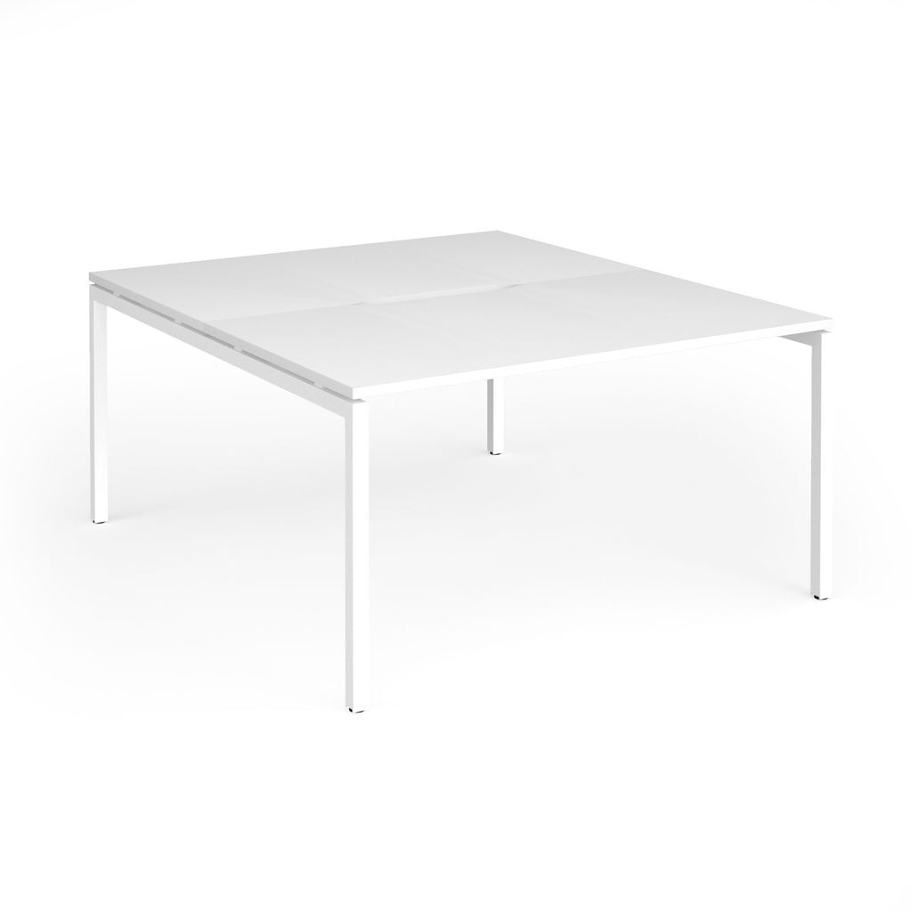 Office back-to-ack desk with white top and metal frame on a white background