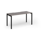 Rectangular desk with grey wood-effect top and black legs on a white background