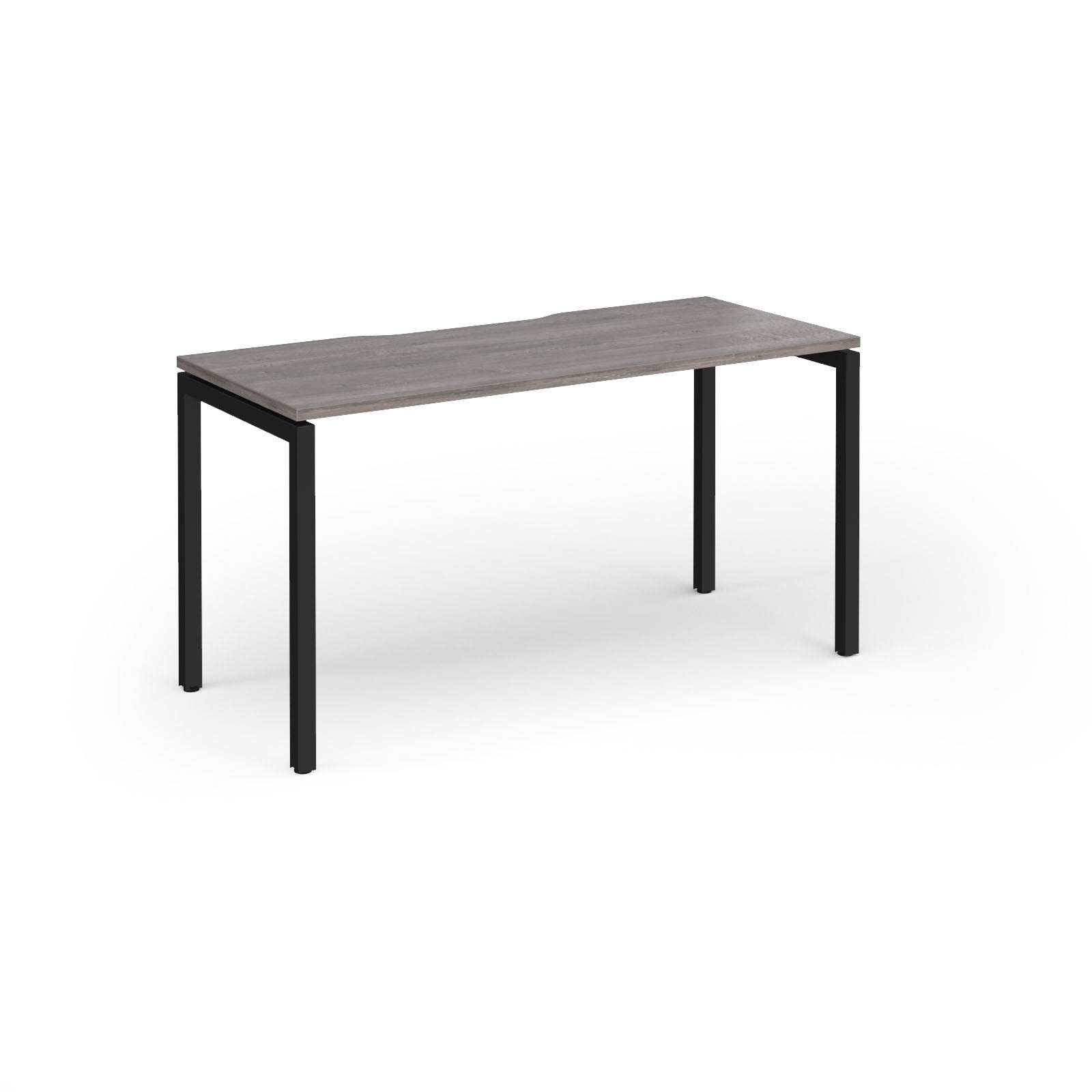 Rectangular desk with grey wood-effect top and black legs on a white background
